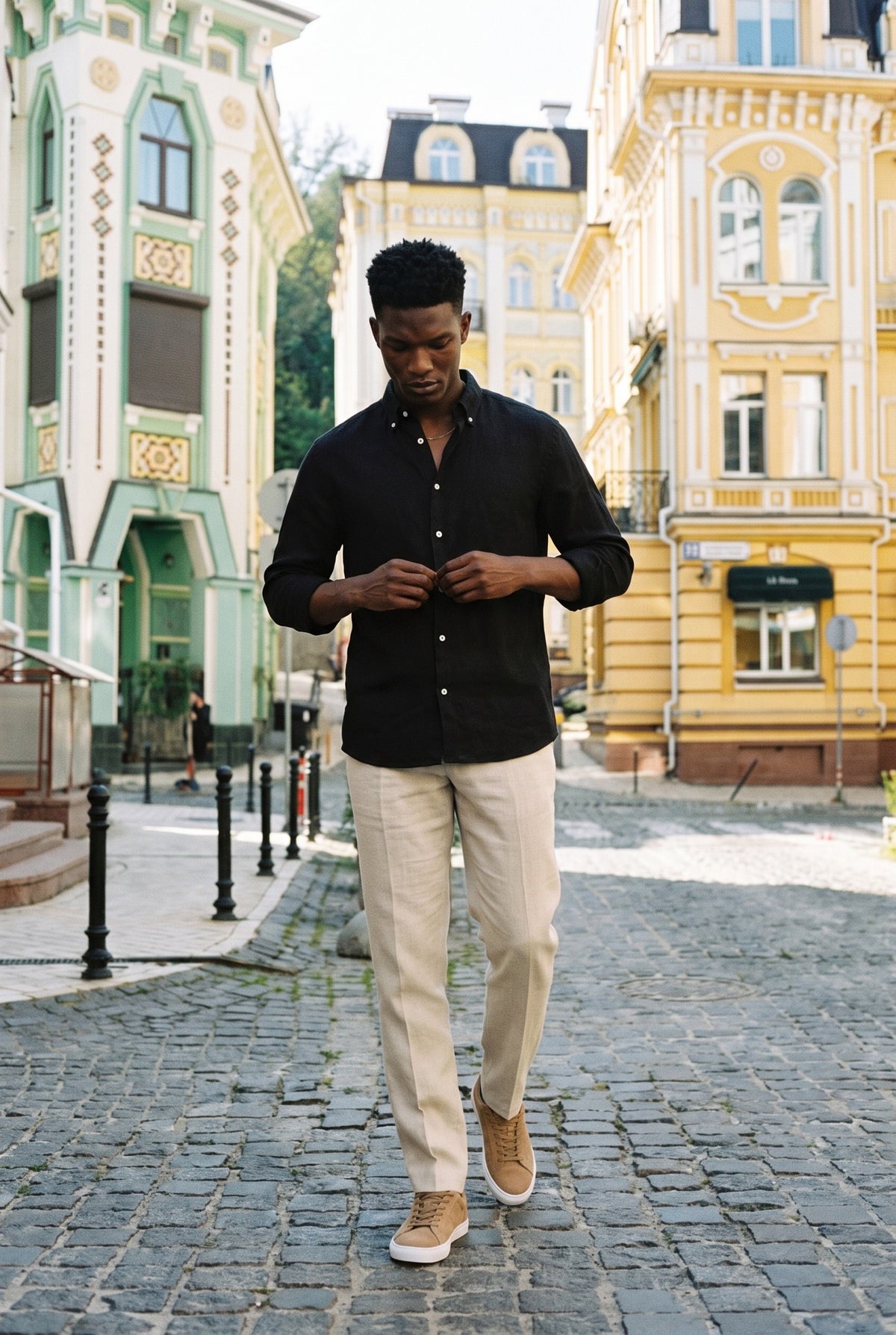 Look #1015 styled with Moška črna srajca z dolgimi rokavi in gumbi iz čistega lana