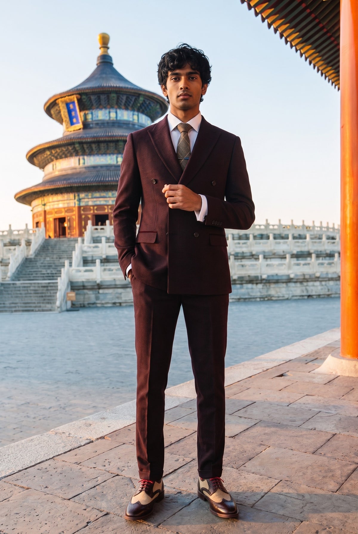 Look #641 styled with Regent - Moška bordo dvodelna obleka z dvojnim zapenjanjem