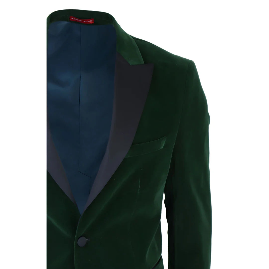 Moški zeleni žametni smoking, blazer, satenasti reverji, večerja, poroka, maturantski ples, črna kravata