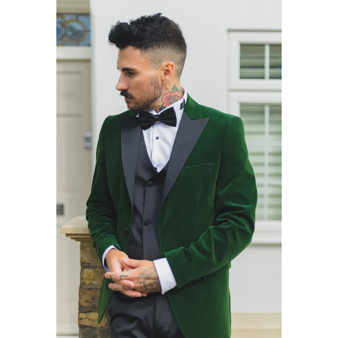 Moški zeleni žametni smoking, blazer, satenasti reverji, večerja, poroka, maturantski ples, črna kravata