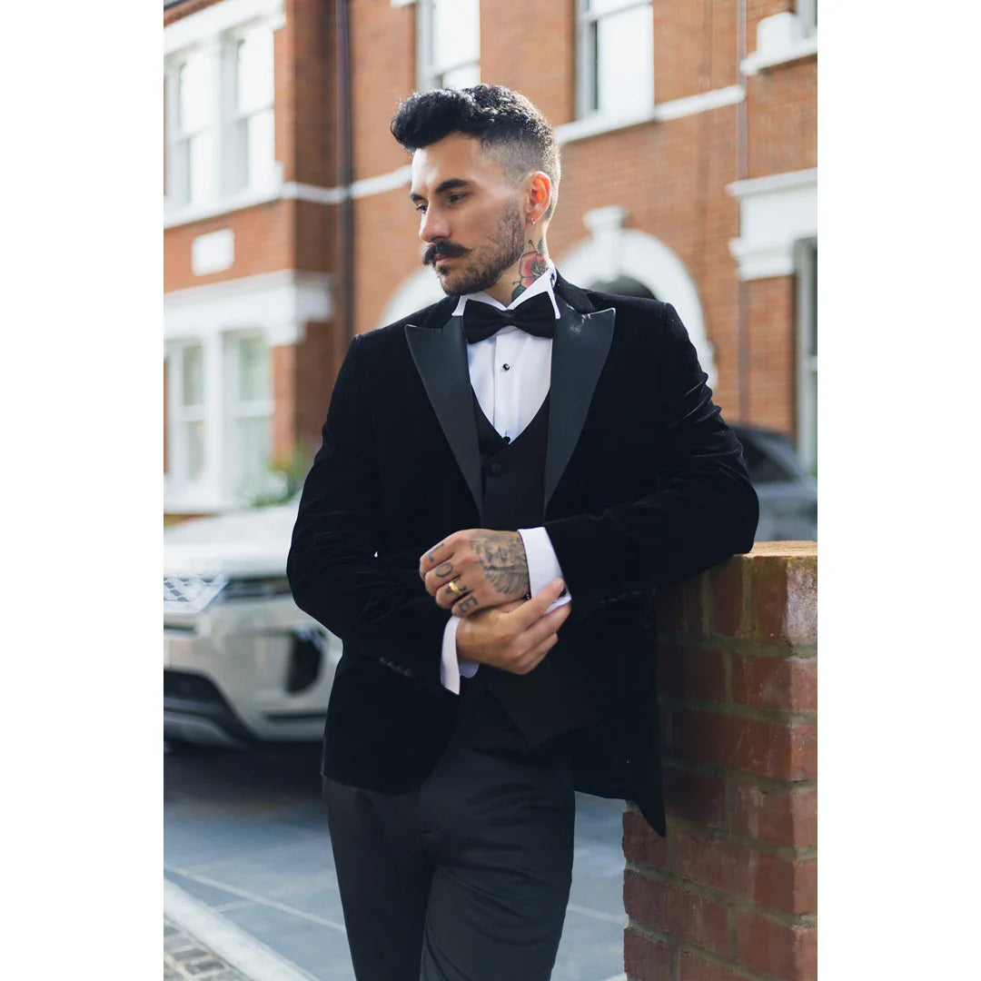 Moški črni žametni smoking, blazer, satenasti reverji, večerja, poroka, maturantski ples, črna kravata