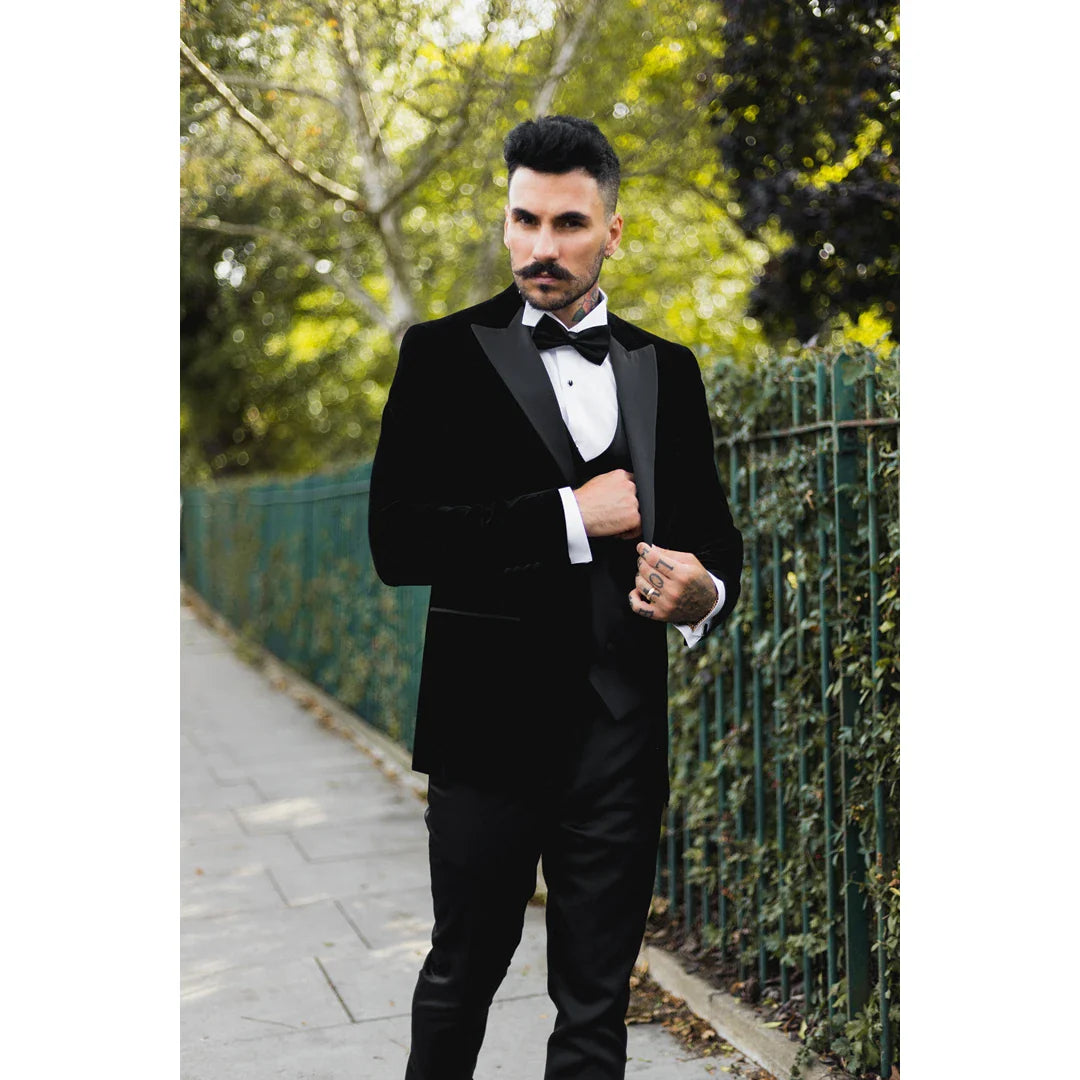 Moški črni žametni smoking, blazer, satenasti reverji, večerja, poroka, maturantski ples, črna kravata