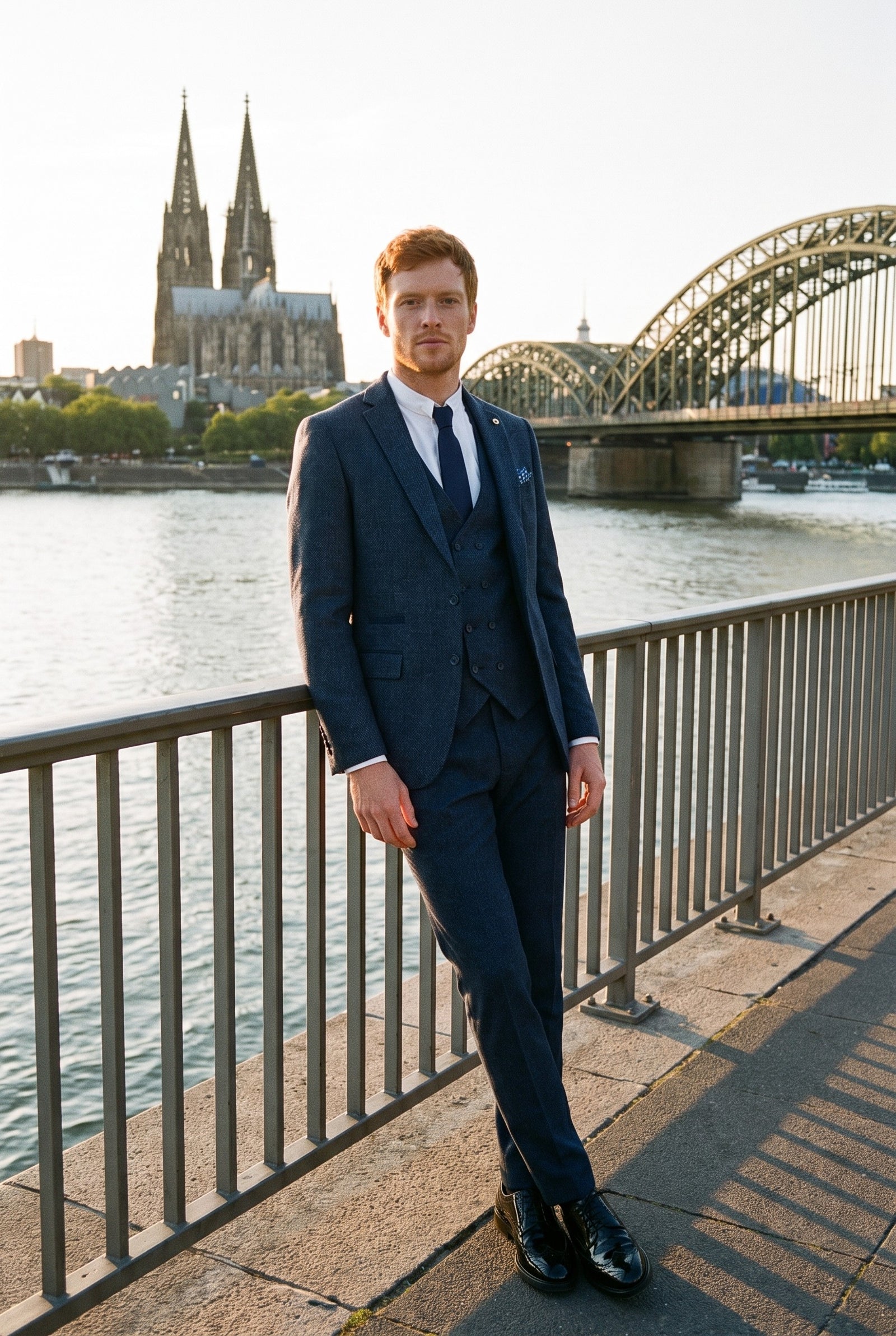 Look #382 styled with Moška mornarsko modra obleka iz treh delov z dvojnim zapenjanjem brezrokavnika