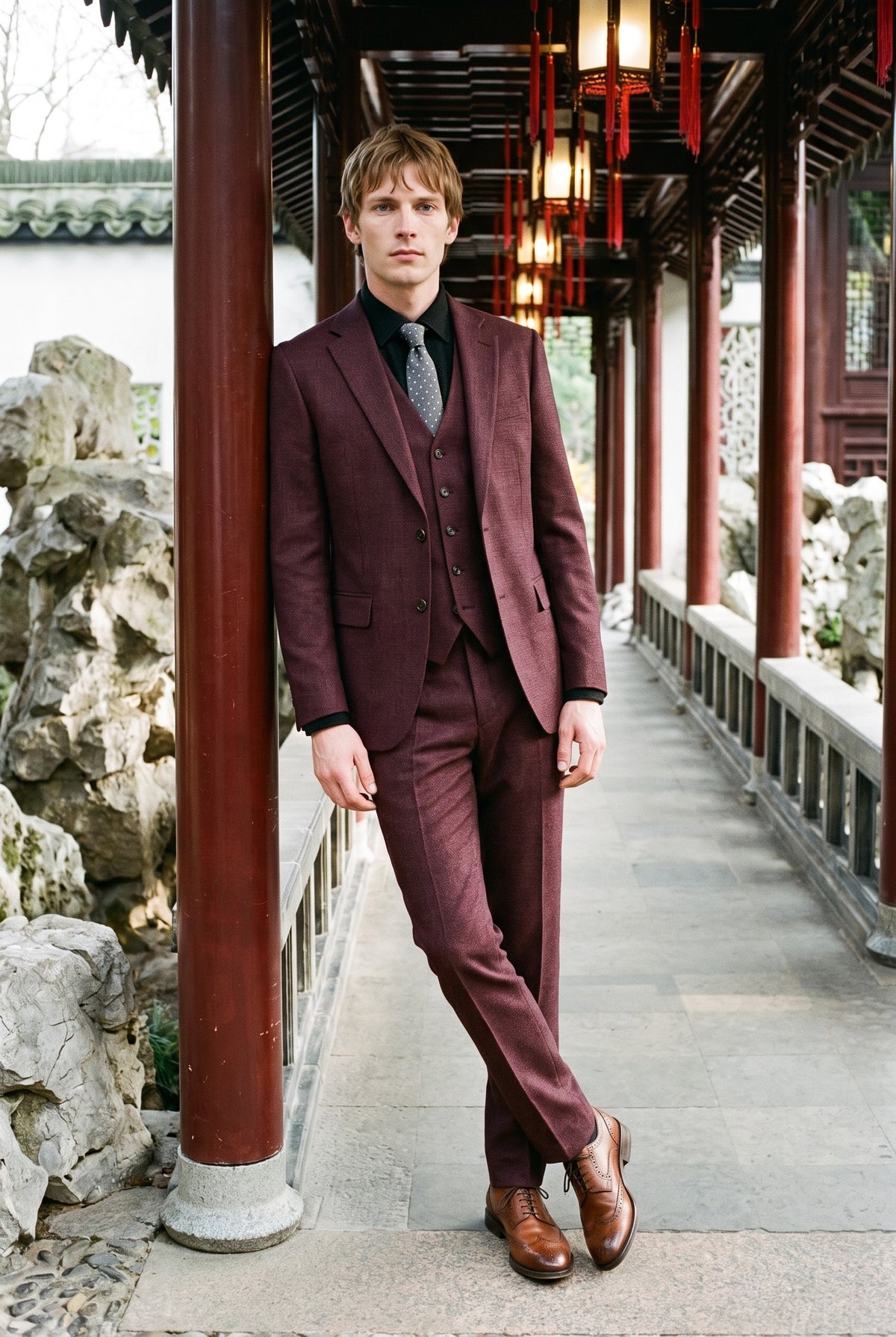 Look #237 styled with Caridi - Moška bordo karo obleka iz 3 delov