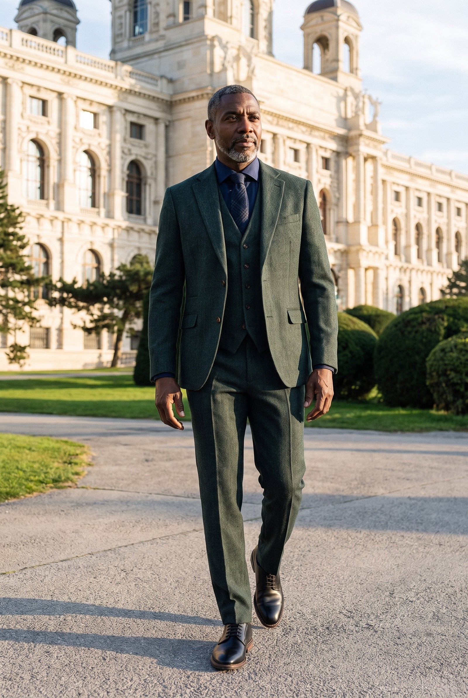 Look #957 styled with Thomas - Olivno zelena 3-delna obleka iz mešanice volne in tvida