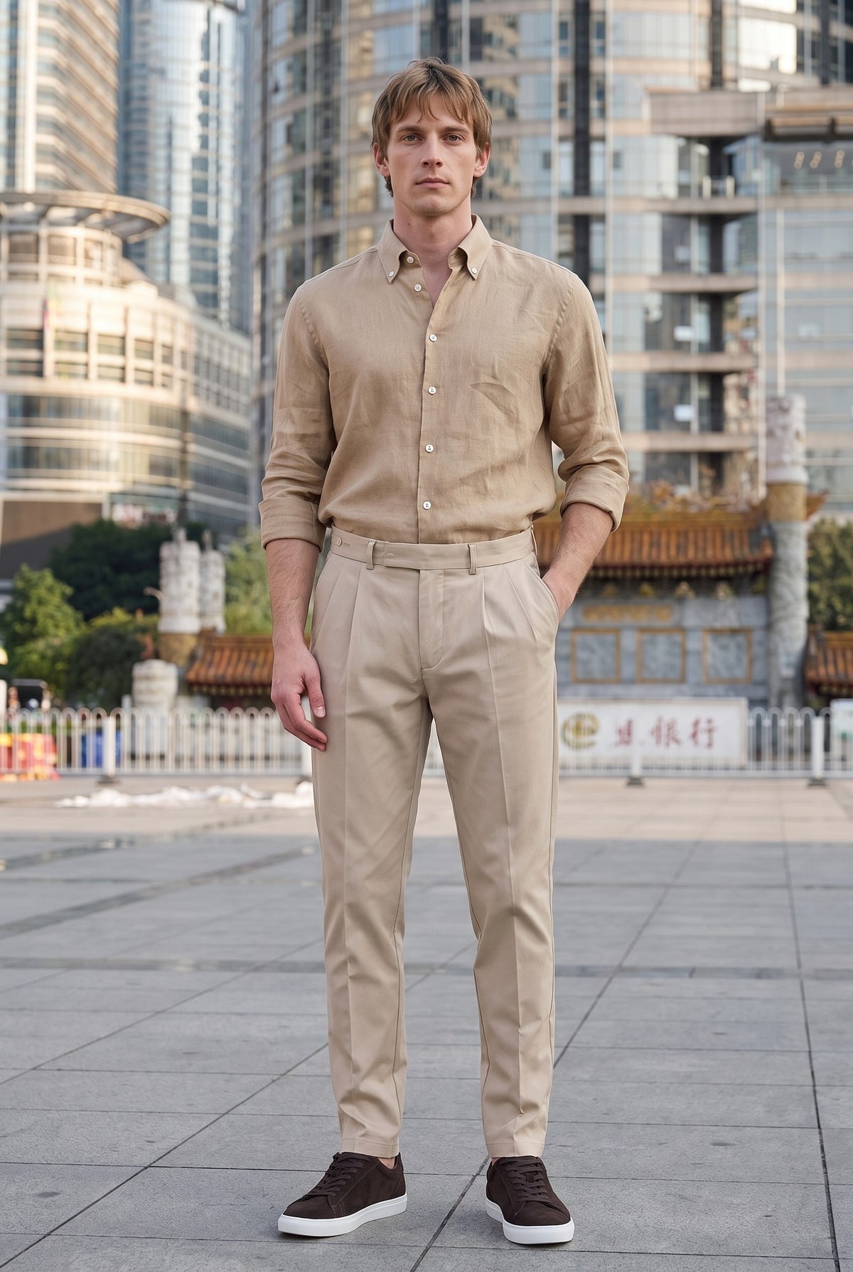 Look #1022 styled with Moška kamel rjava srajca iz čistega lana z dolgimi rokavi in gumbi