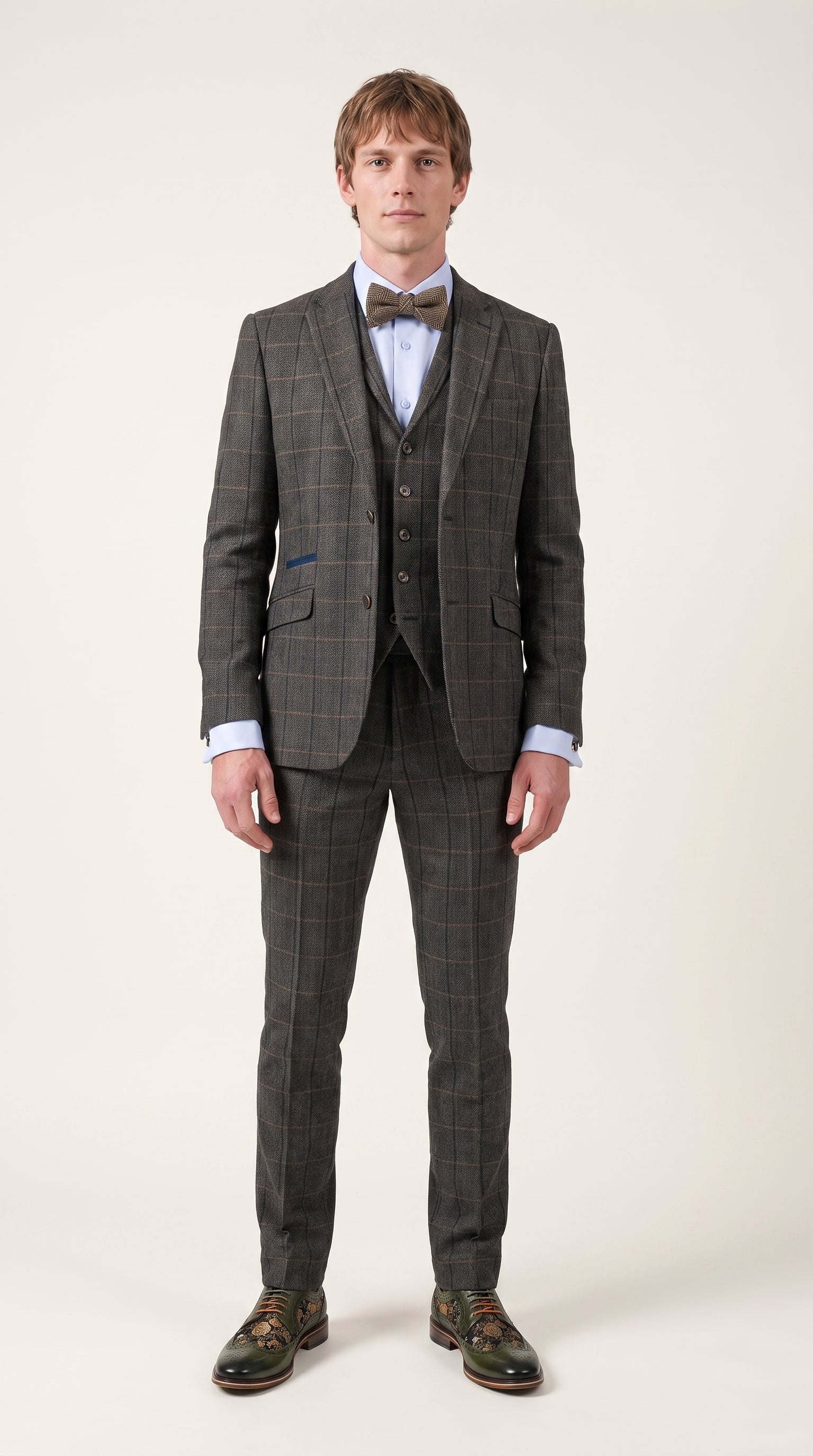 Look #330 styled with Cavani Albert - Moška tvidasta obleka s 3-delnim vzorcem ribje kosti - temno rjava