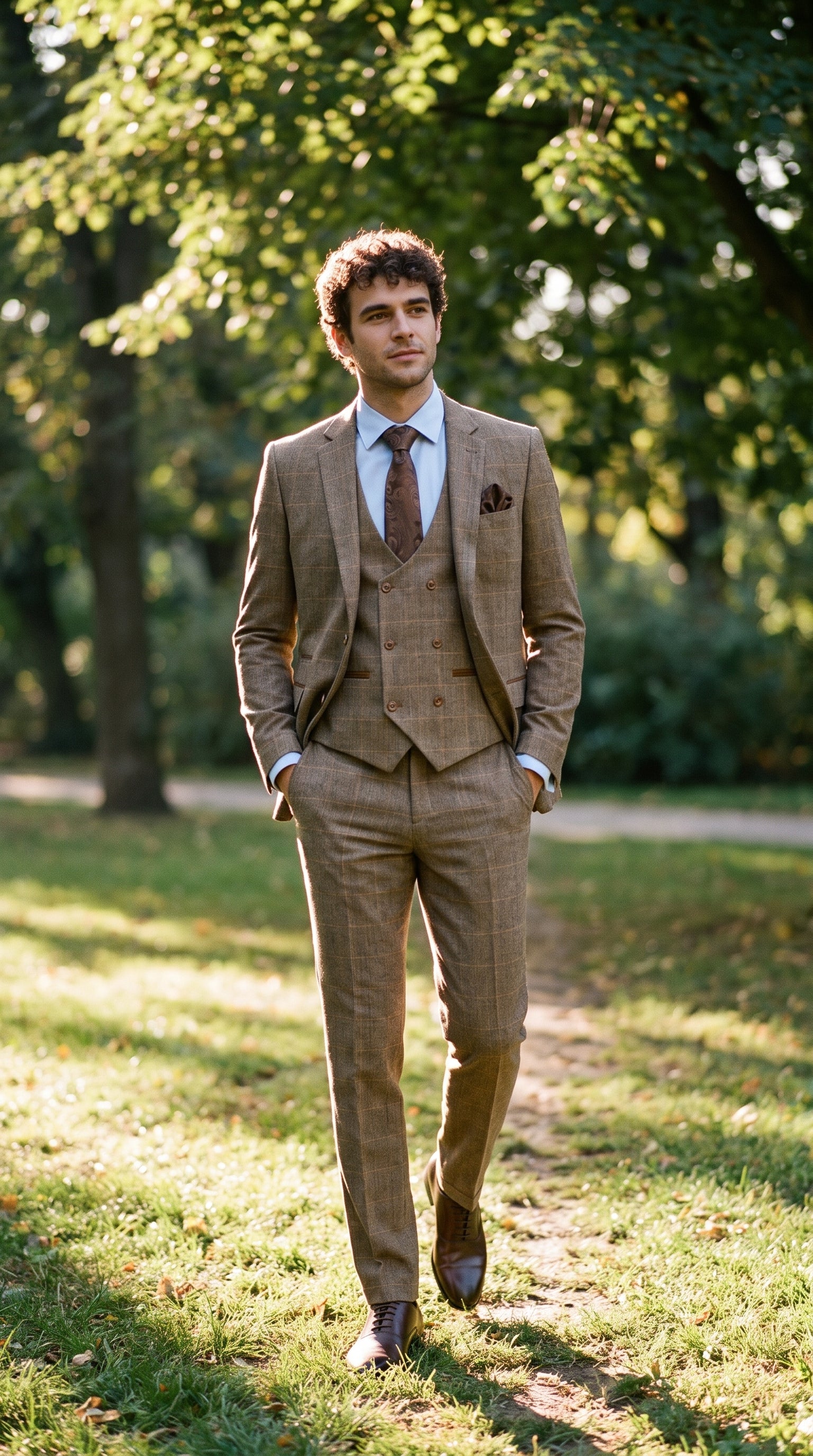 Look #343 styled with Moška 3-delna tvidasta obleka z vzorcem ribje kosti, svetlo rjava, karo, krojen kroj, dvojni klasičen kroj