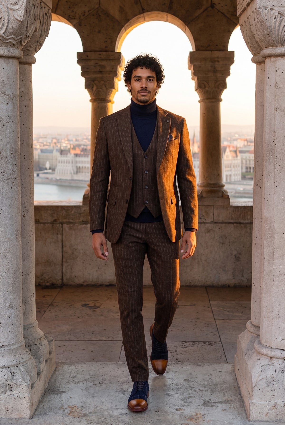 Look #959 styled with Moška rjava črtasta oprijeta tridelna obleka