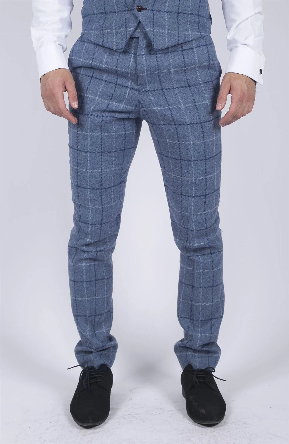 Moške svetlo modre mornarsko modre karo hlače Marc Darcy elegantnega ležernega tvida slim fit kroja Clinton