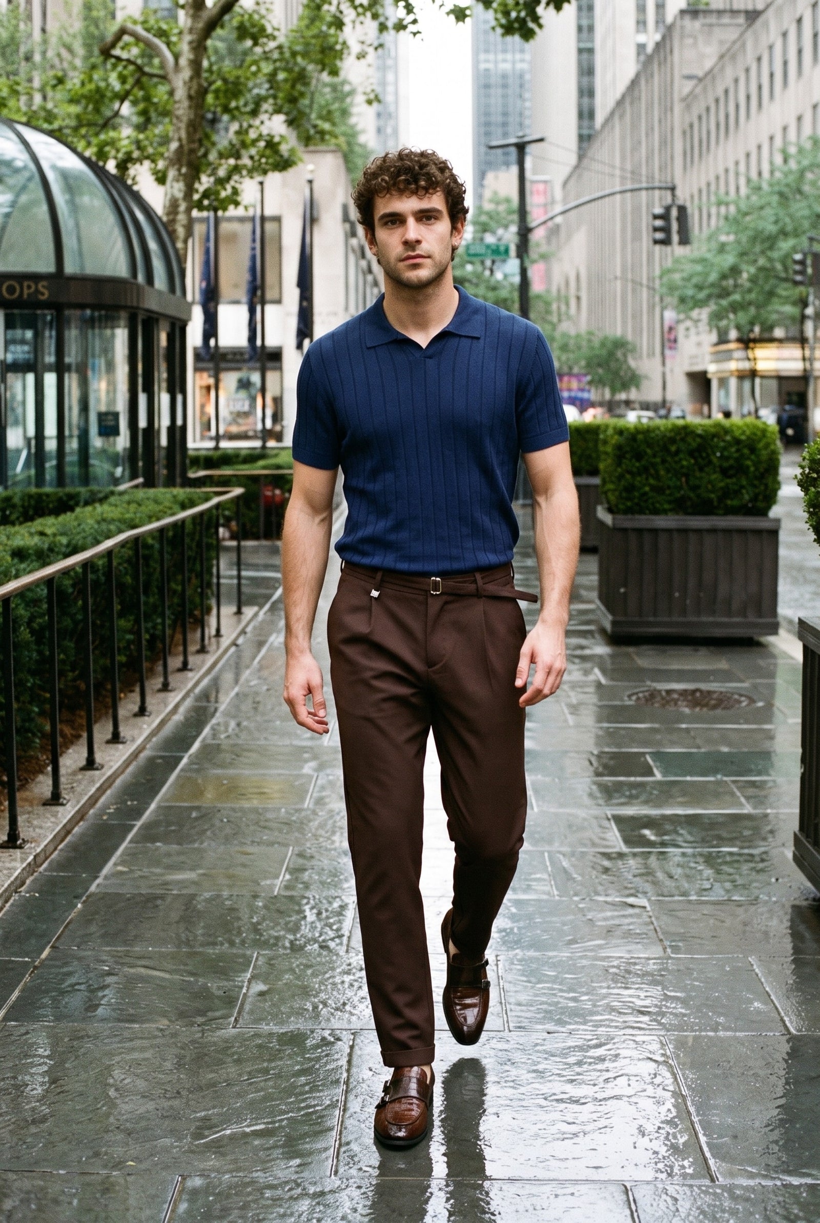Look #907 styled with Moška mornarsko modra rebrasta pletena polo majica