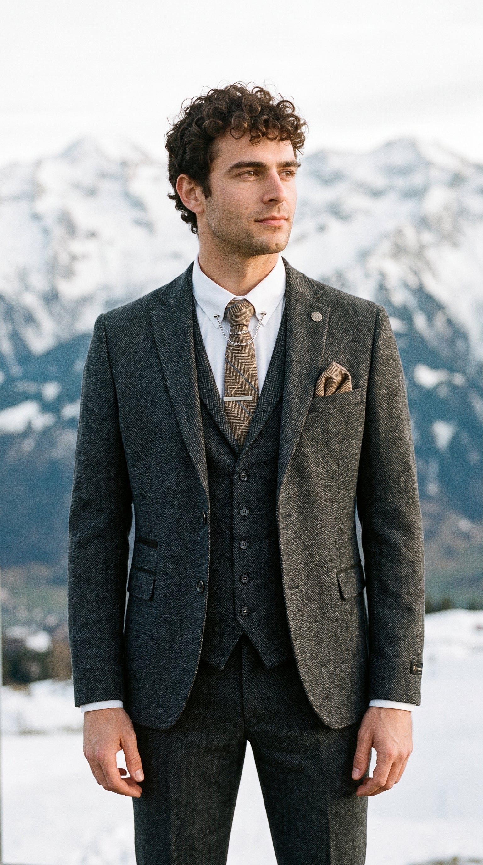 Look #637 styled with Moška temno siva 3-delna obleka iz tvida z vzorcem ribje kosti - STZ11