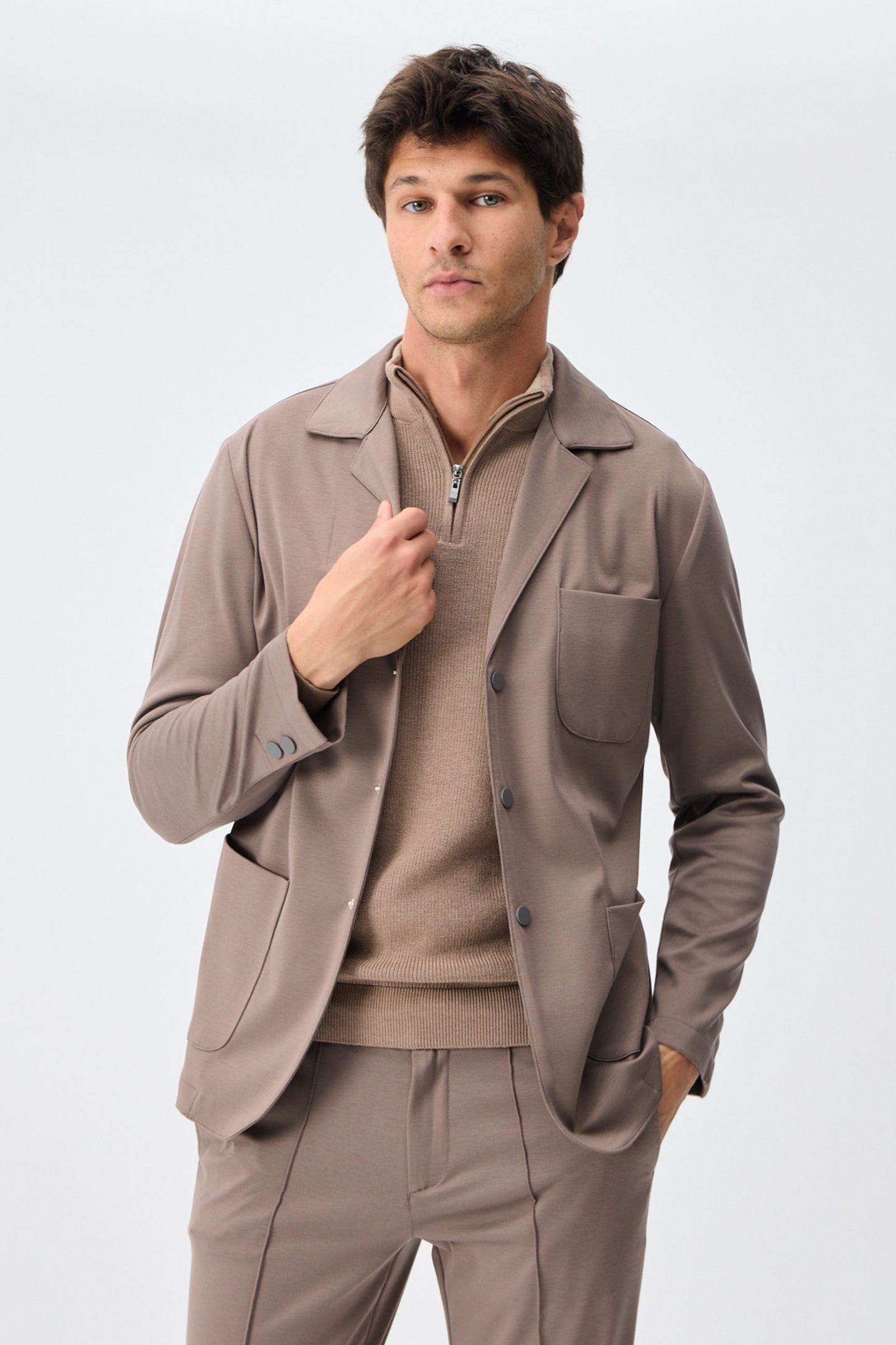 Moški taupe rjav mehki džersi blazer elegantna jakna