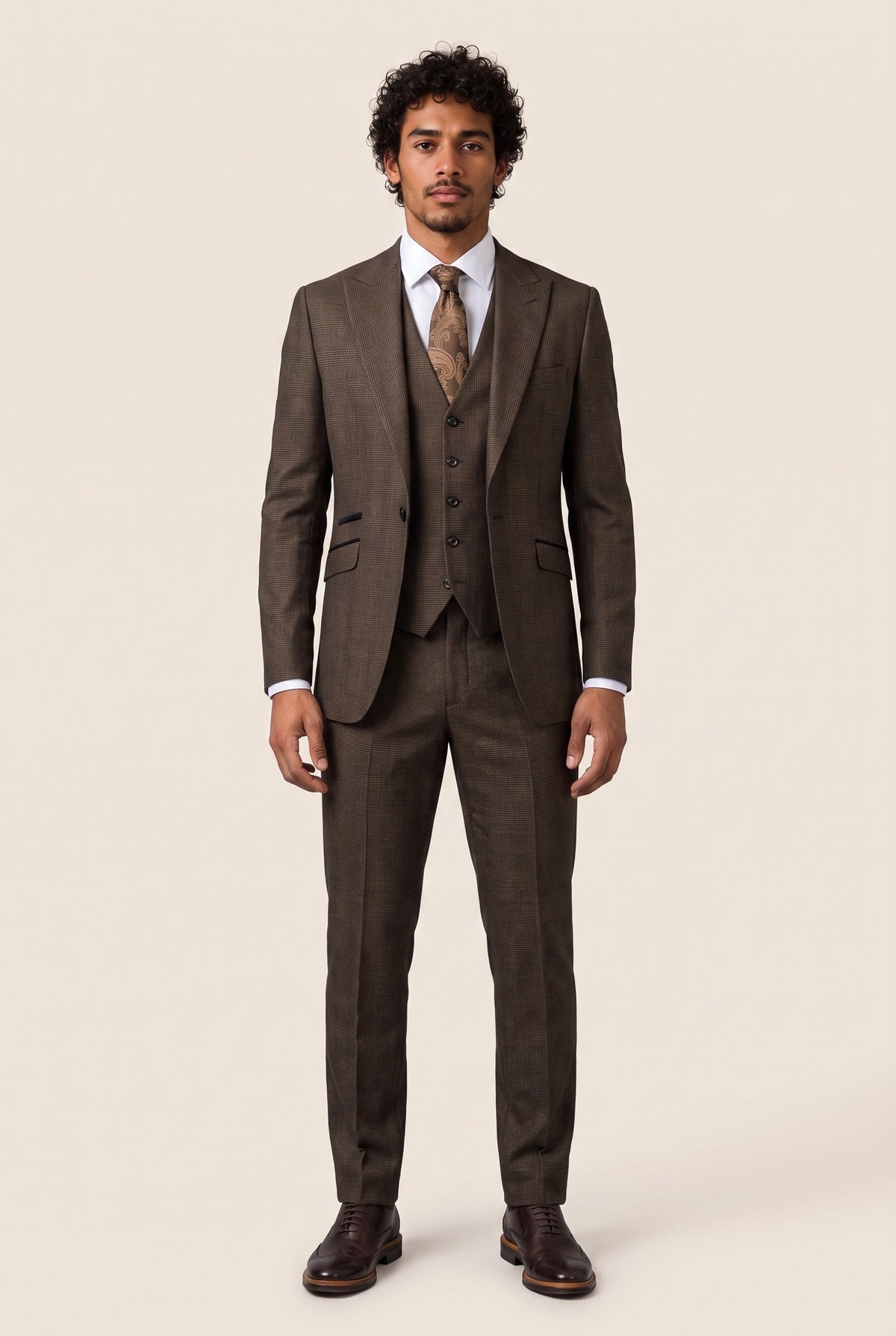 Look #1004 styled with Moška 3-delna karo obleka iz tvida, črno-rjava, krojena, poročna, Peaky klasična