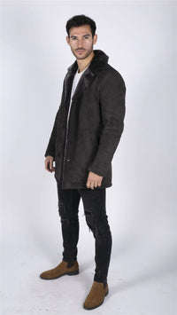 Moški plašč iz prave ovčje kože, rjav, vintage, klasičen 3/4 suknjič z gumbi in V-izrezom