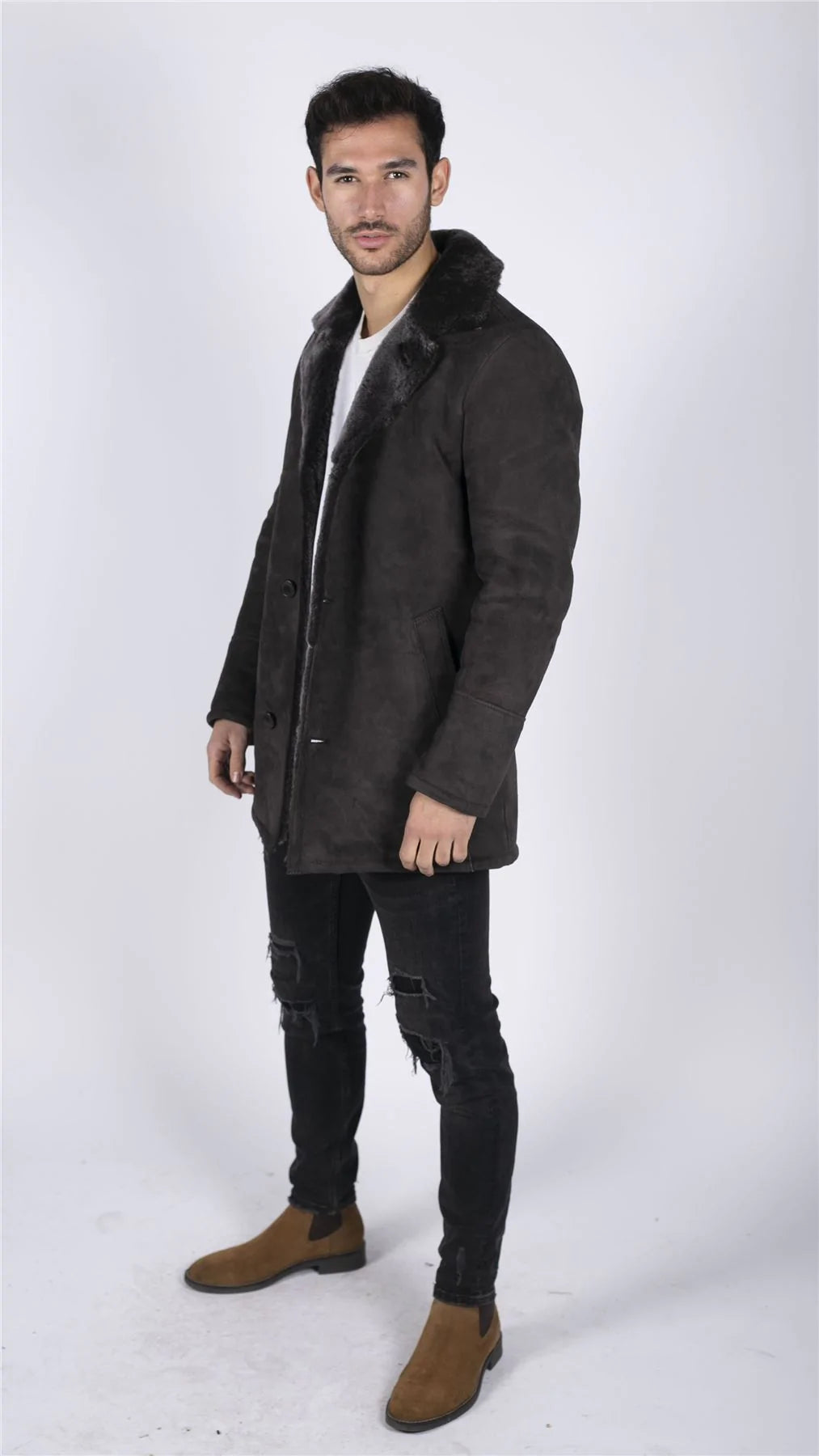 Moški plašč iz prave ovčje kože, rjav, vintage, klasičen 3/4 suknjič z gumbi in V-izrezom