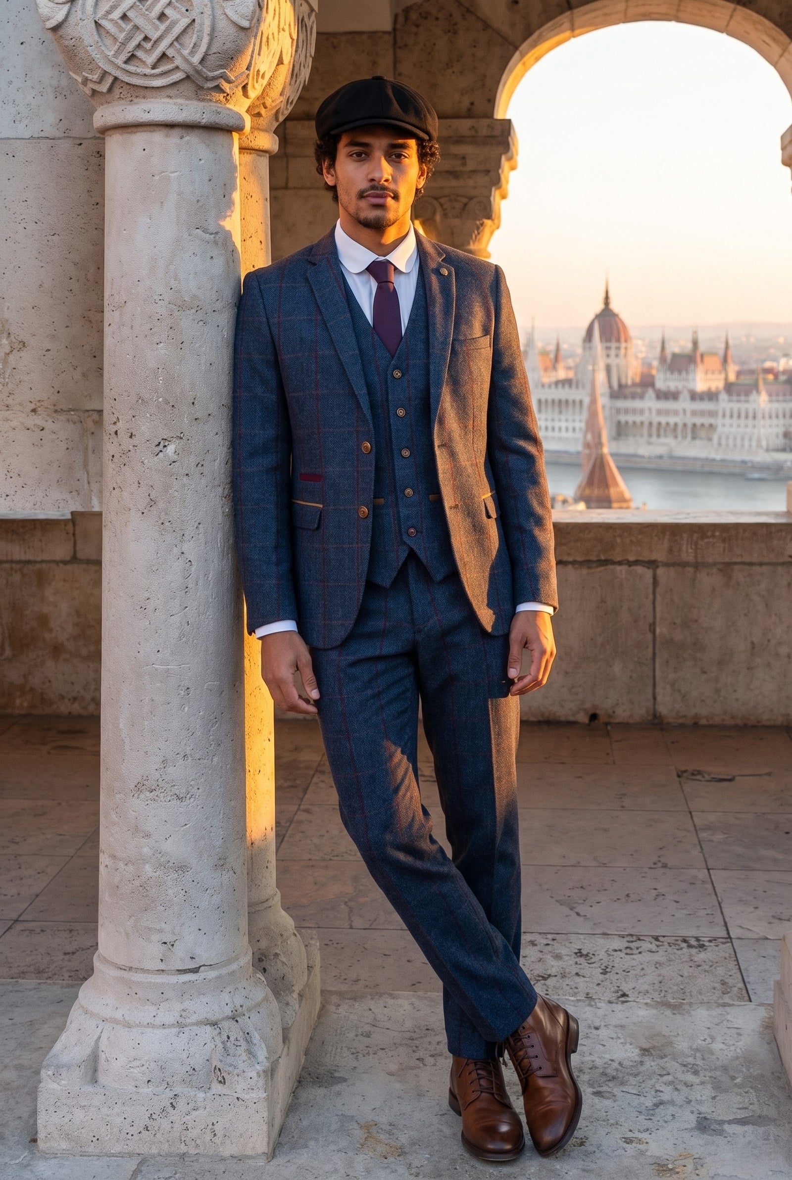 Look #553 styled with Moška tvidasta obleka s 3-delnim vzorcem ribje kosti, temno rdeča, karo, vintage kroj iz 20. let prejšnjega stoletja