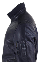 Jesenska jakna iz pravega usnja z visokim ovratnikom za moške - mornarsko modra