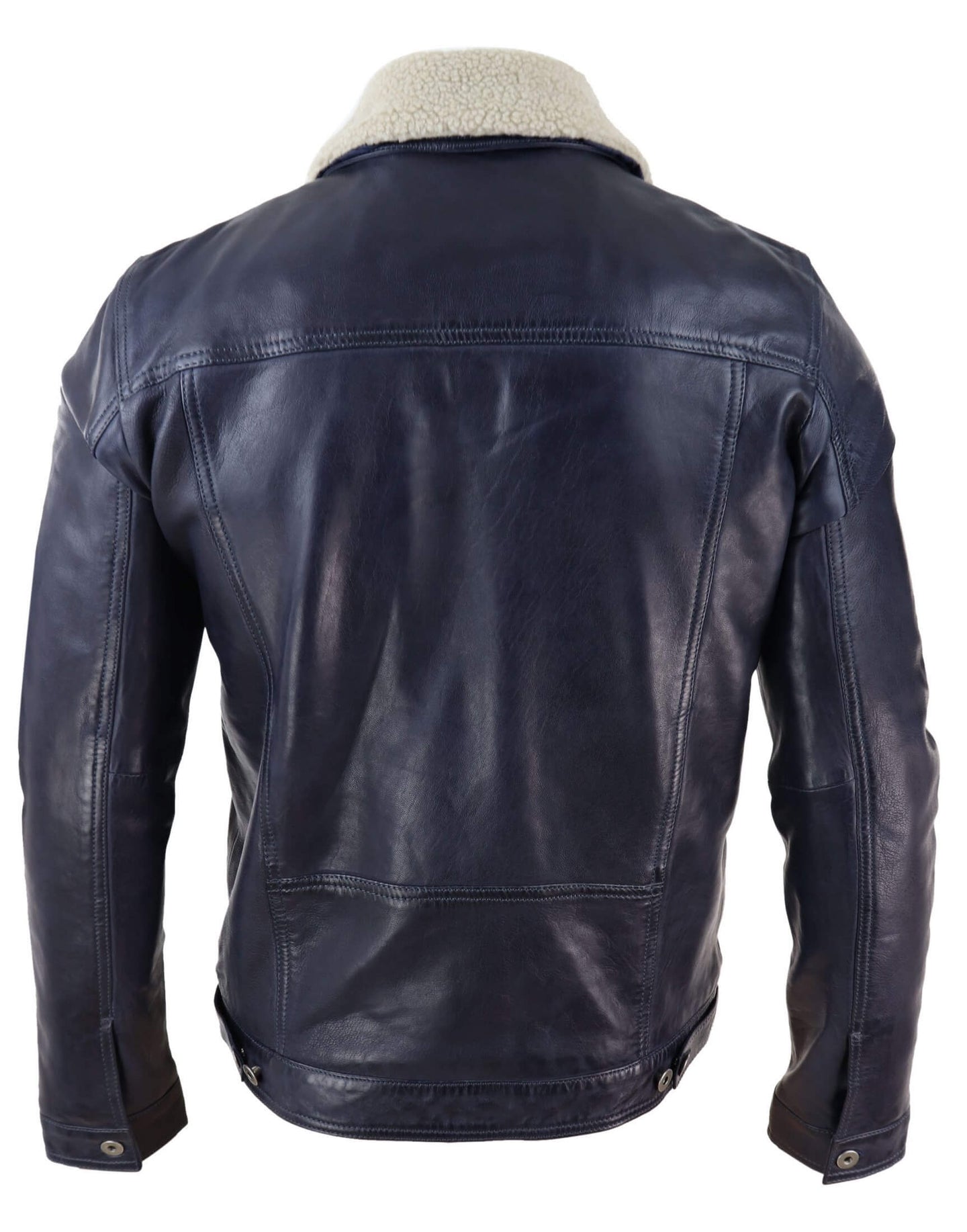 Moška usnjena jeans jakna s krznenim ovratnikom, retro vintage, klasična, temno modra, priložnostna