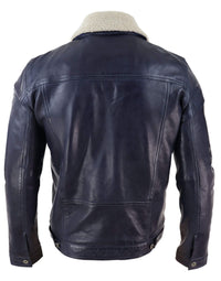 Moška usnjena jeans jakna s krznenim ovratnikom, retro vintage, klasična, temno modra, priložnostna