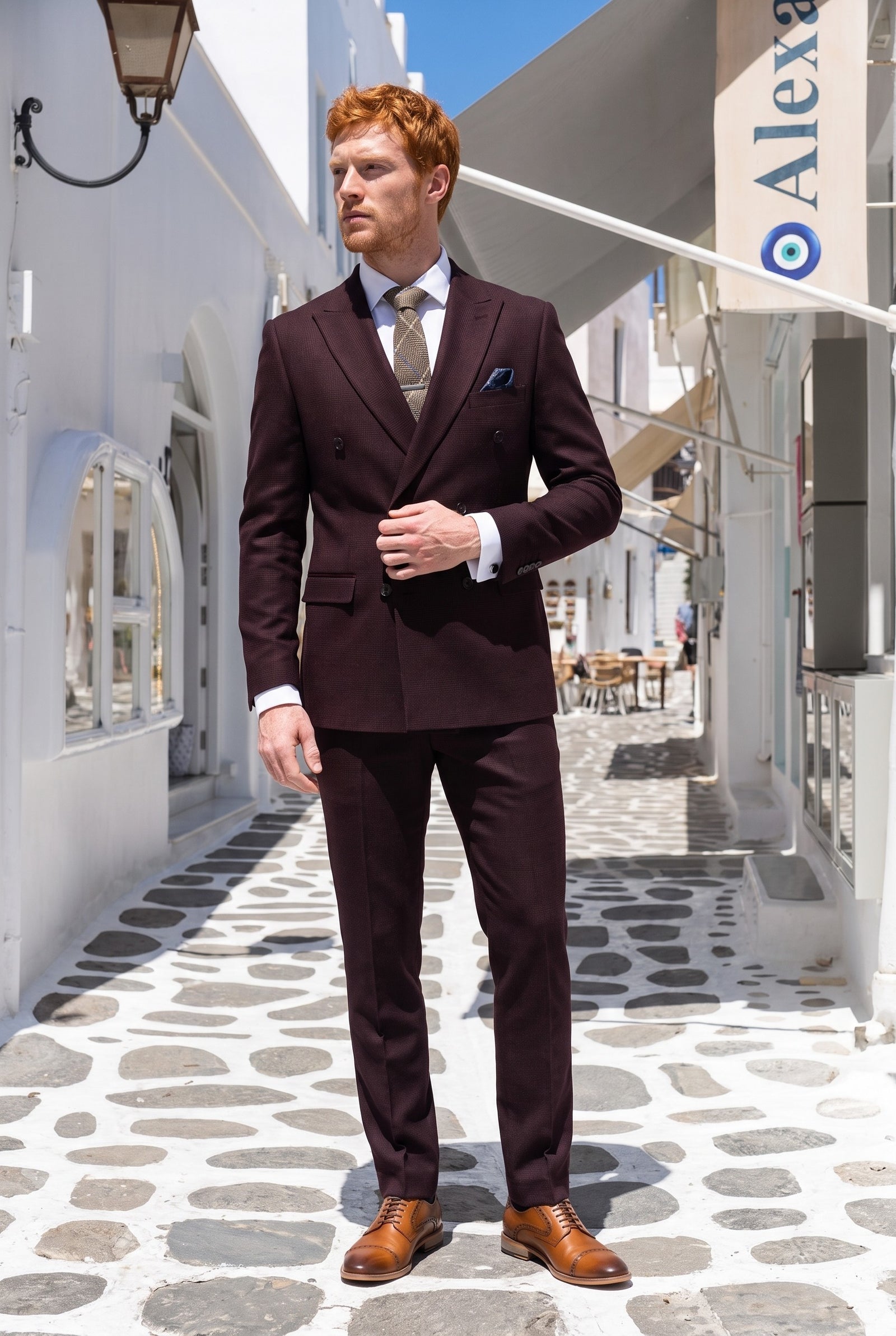 Look #732 styled with Regent - Moška bordo dvodelna obleka z dvojnim zapenjanjem