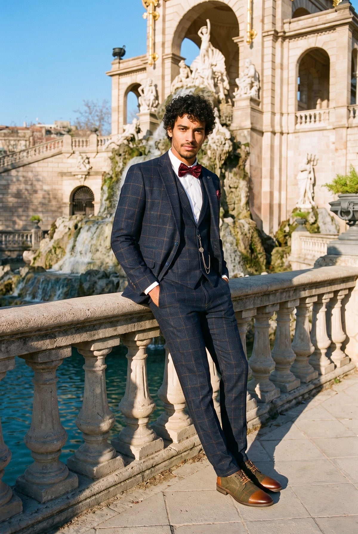 Look #728 styled with Moška tridelna obleka iz volnenega tvida, temno modra, rjava, karo, Gatsby iz 20. let 20. stoletja
