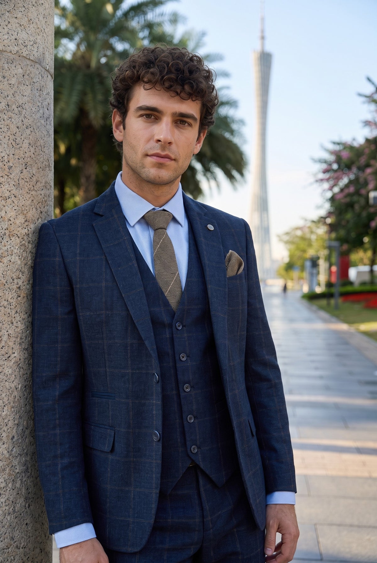 Look #729 styled with Moška tridelna obleka iz volnenega tvida, temno modra, rjava, karo, Gatsby iz 20. let 20. stoletja