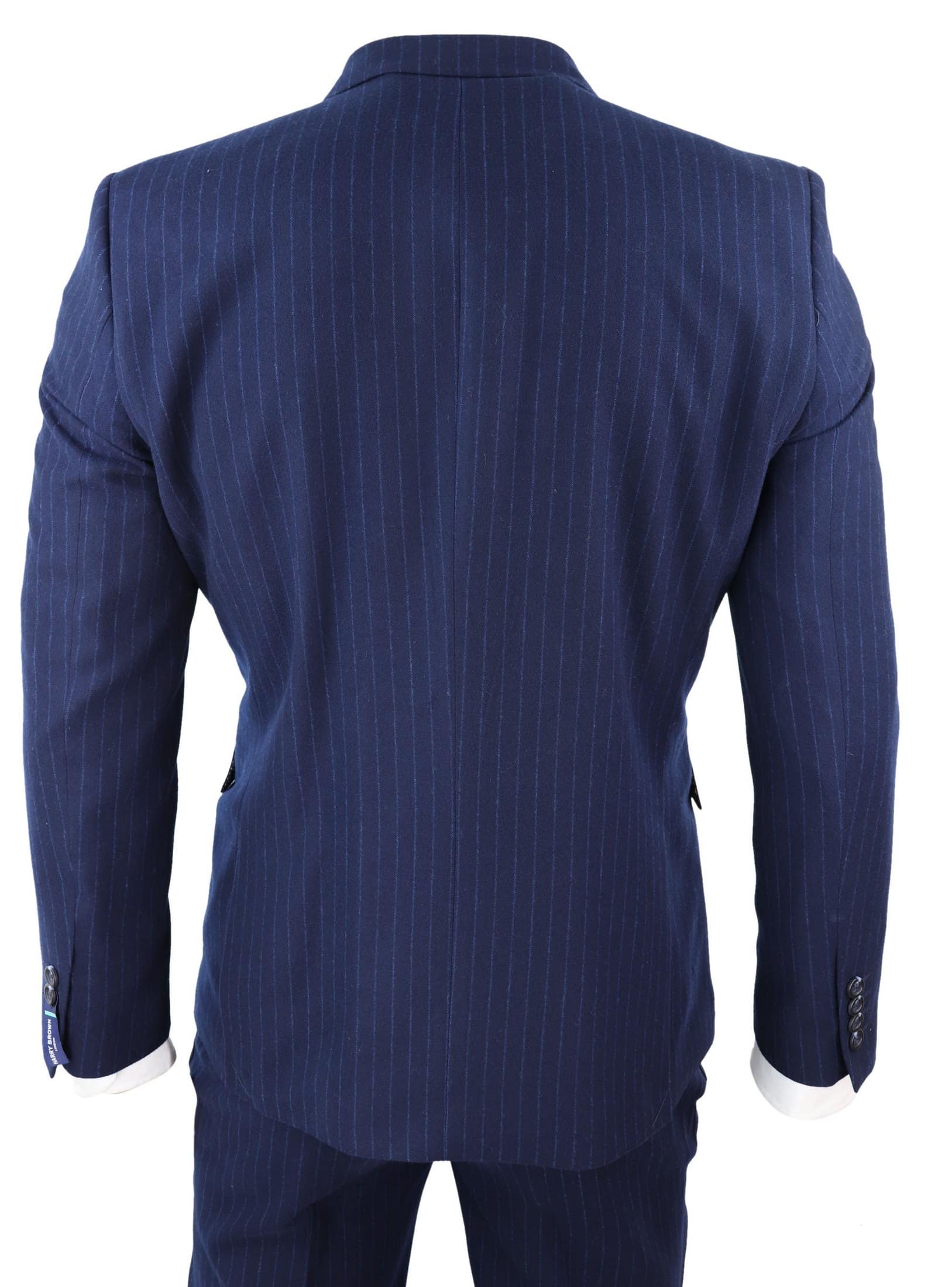 Temno modra črtasta dvoredna mafijska obleka