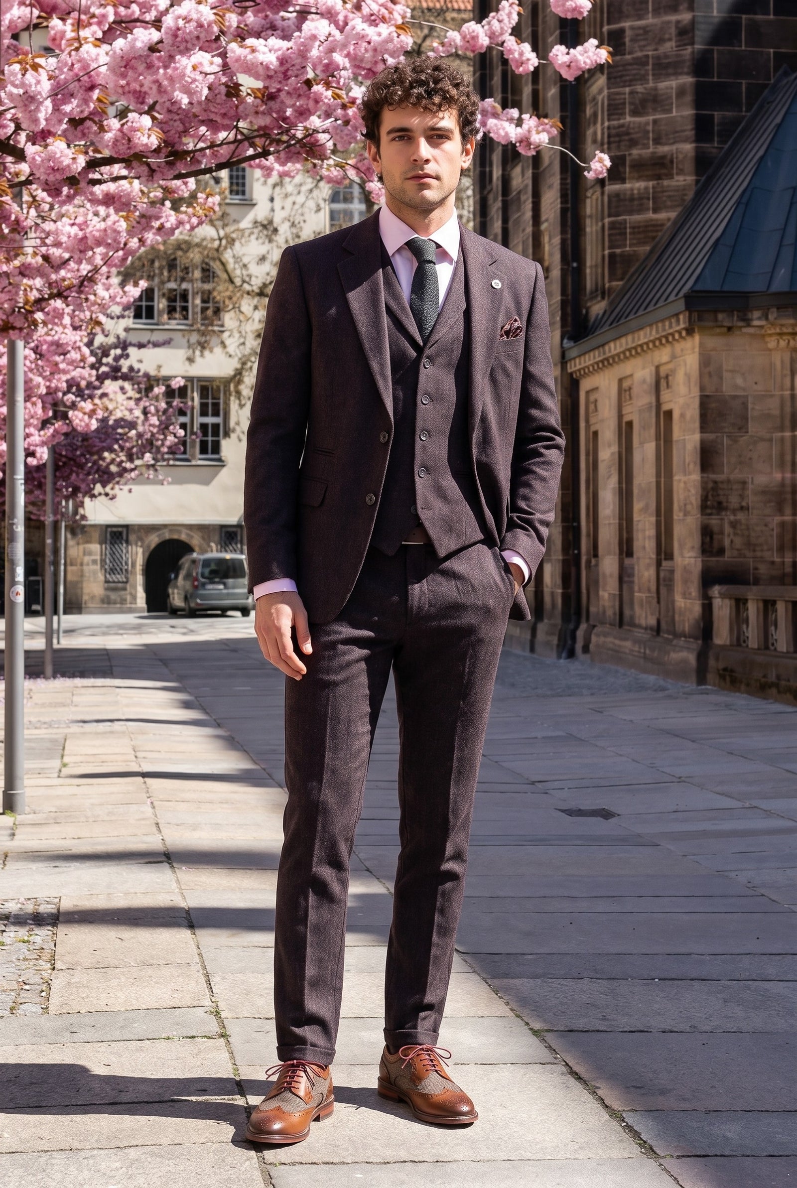 Look #992 styled with Moška 3-delna obleka iz tvida s slivovim vzorcem ribje kosti