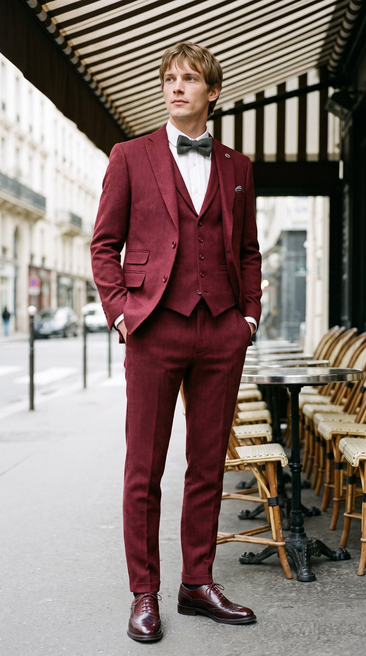 Look #144 styled with Moška 3-delna obleka iz tvida z vzorcem ribje kosti v vinsko-bordo barvi - STZ11