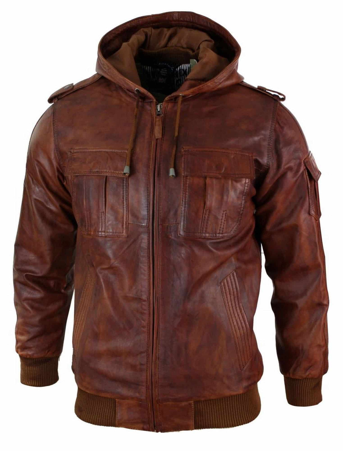 Moška bomber jakna iz pravega usnja s kapuco, rjava, vintage, prešita