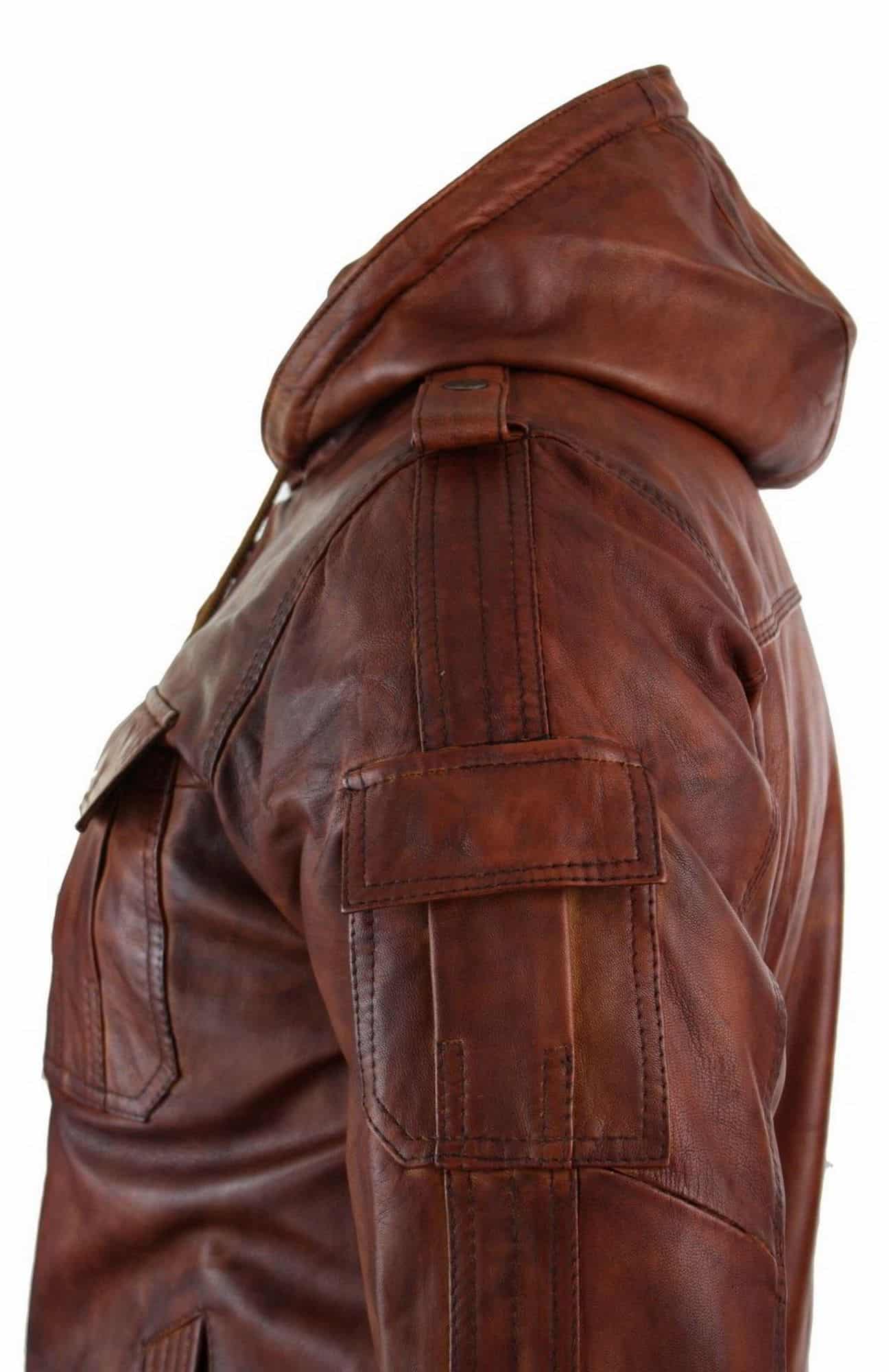 Moška bomber jakna iz pravega usnja s kapuco, rjava, vintage, prešita