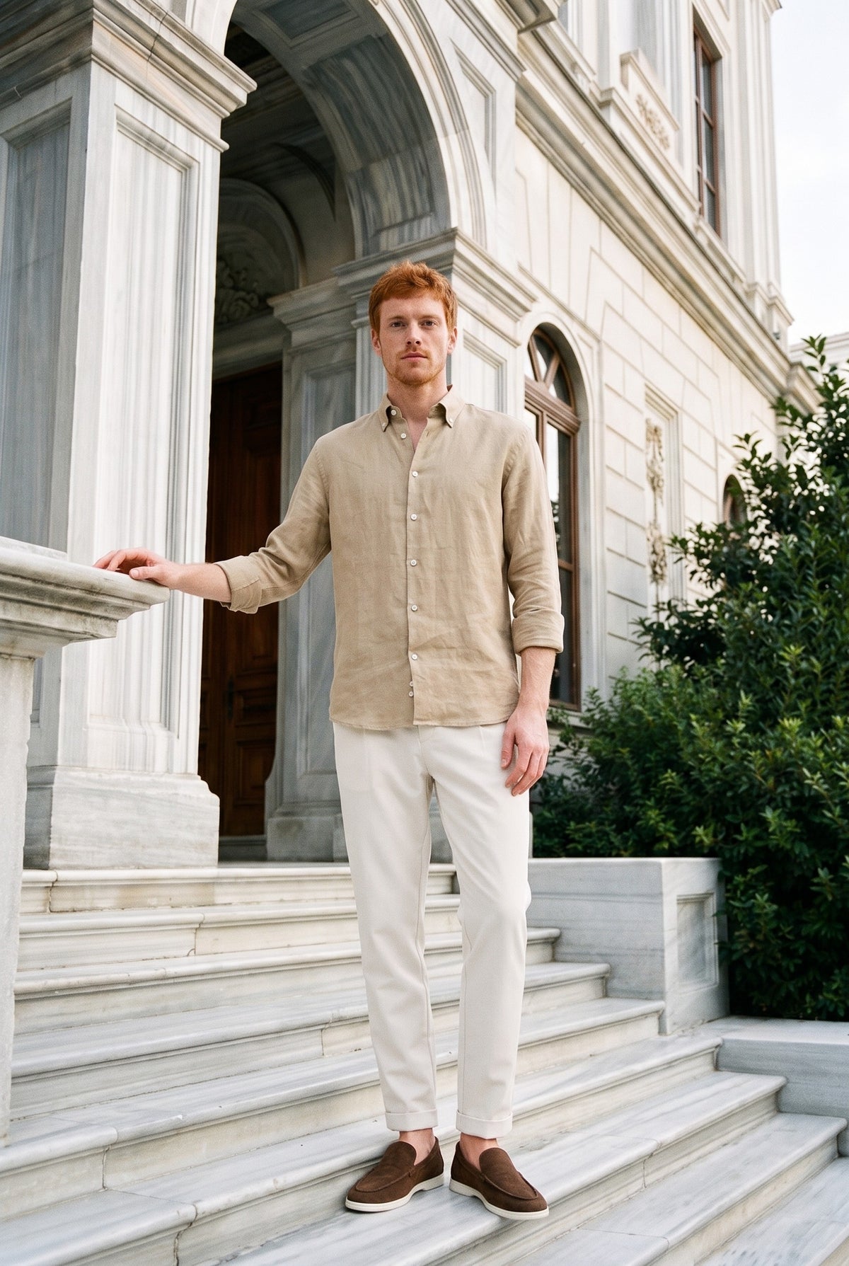 Look #1025 styled with Moška temno bež srajca z dolgimi rokavi in gumbi iz čistega lana