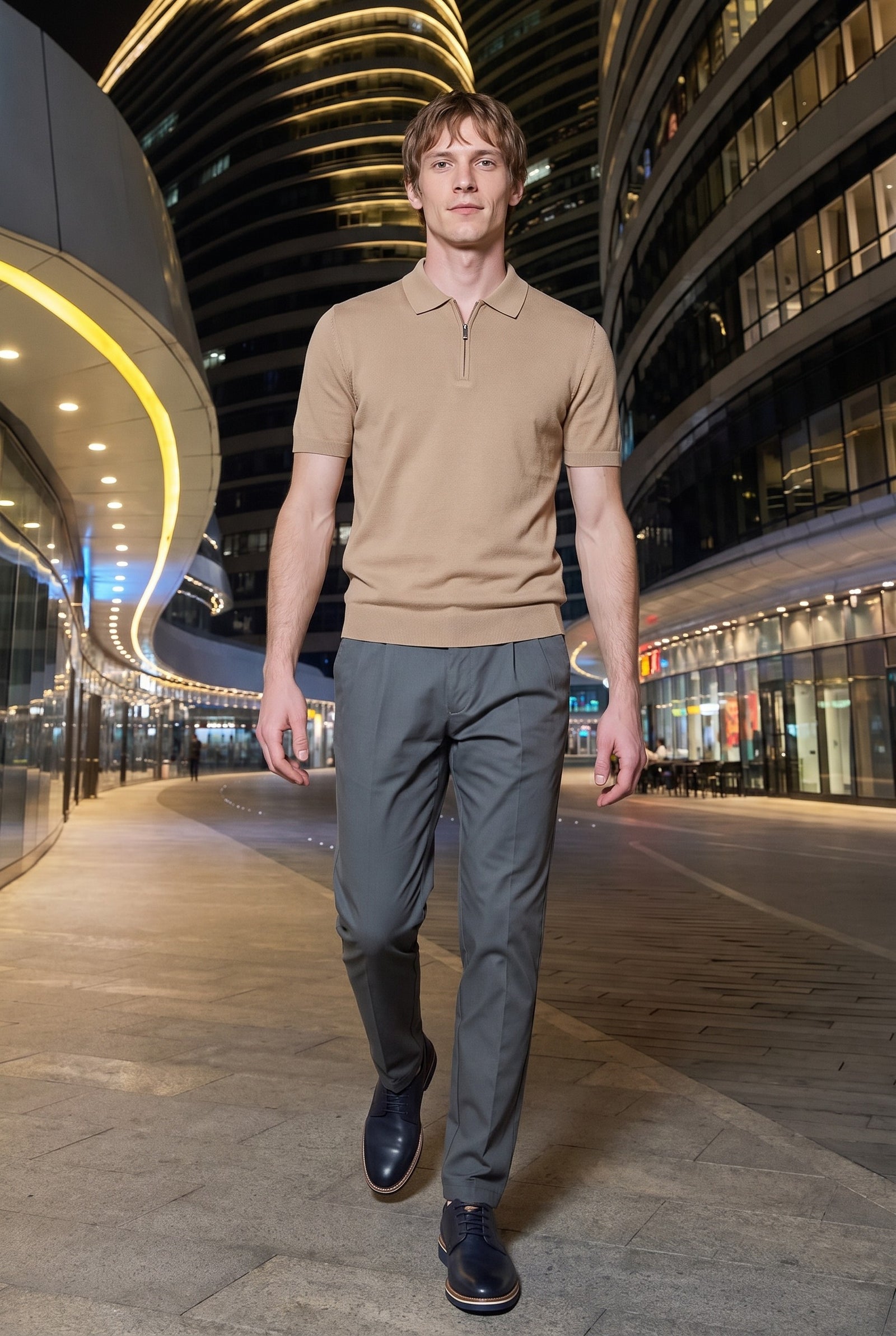 Look #977 styled with Bež pletena polo majica z zadrgo za moške