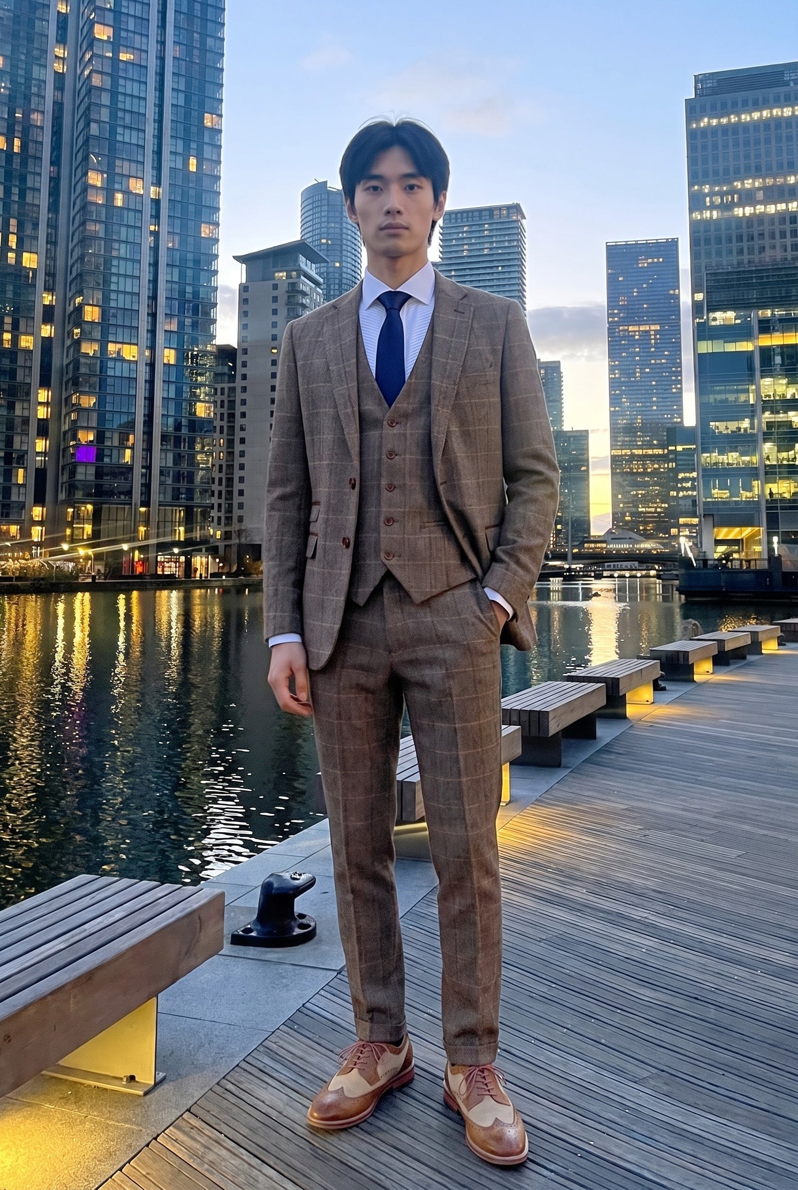 Look #536 styled with Harris - Moška rjava 3-delna tvidasta obleka s karo vzorcem ribje kosti