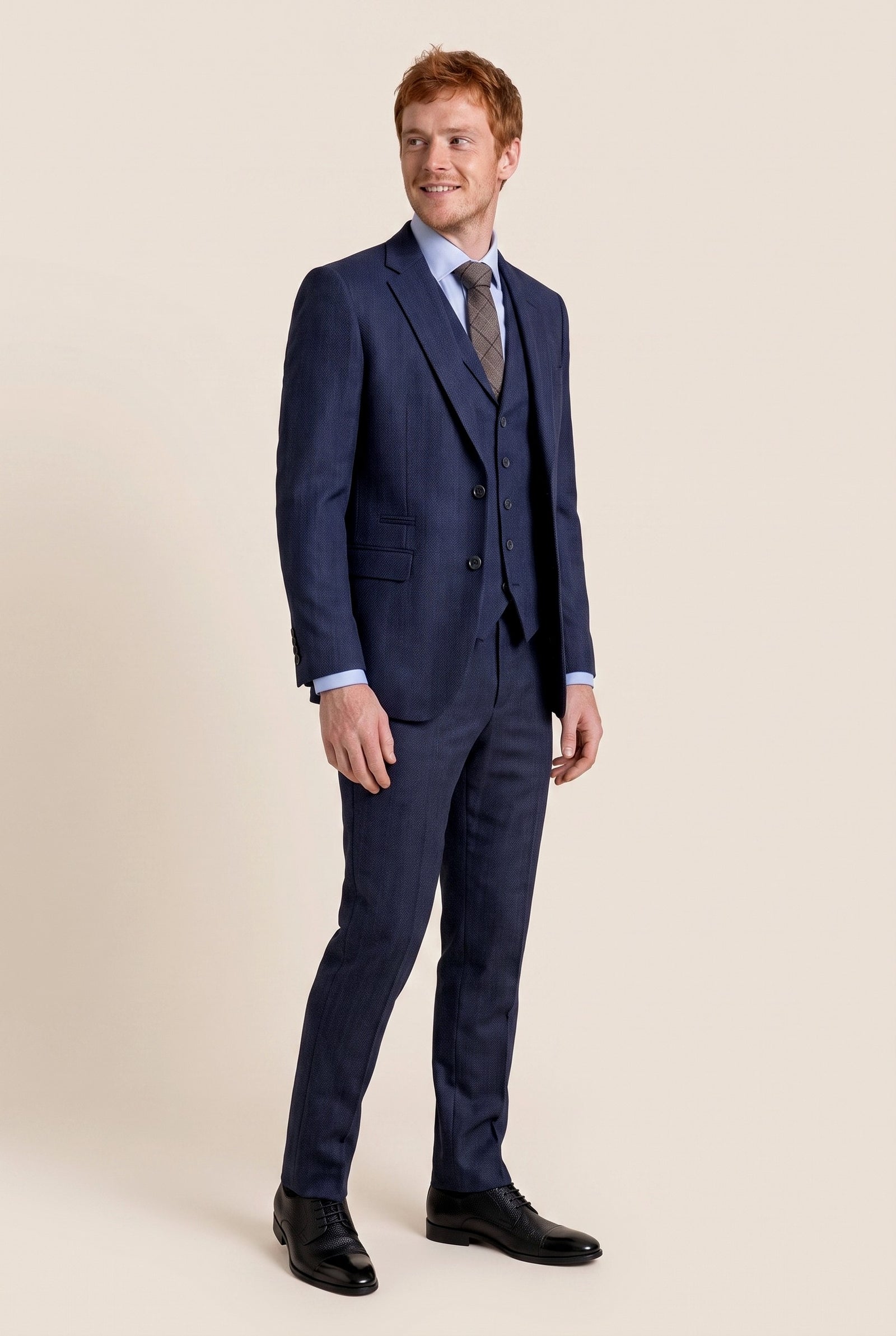 Look #987 styled with Moška temno modra tvidasta obleka s 3 delnimi vzorci ribje kosti