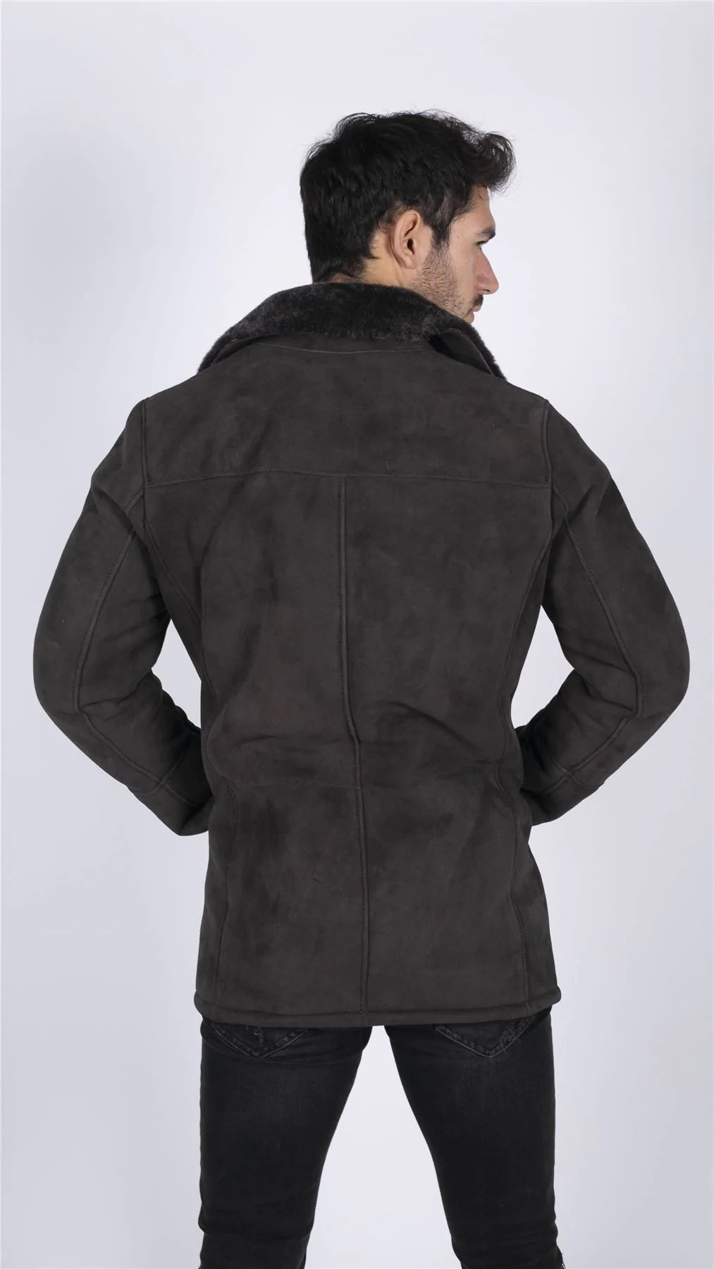 Moški plašč iz prave ovčje kože, rjav, vintage, klasičen 3/4 suknjič z gumbi in V-izrezom