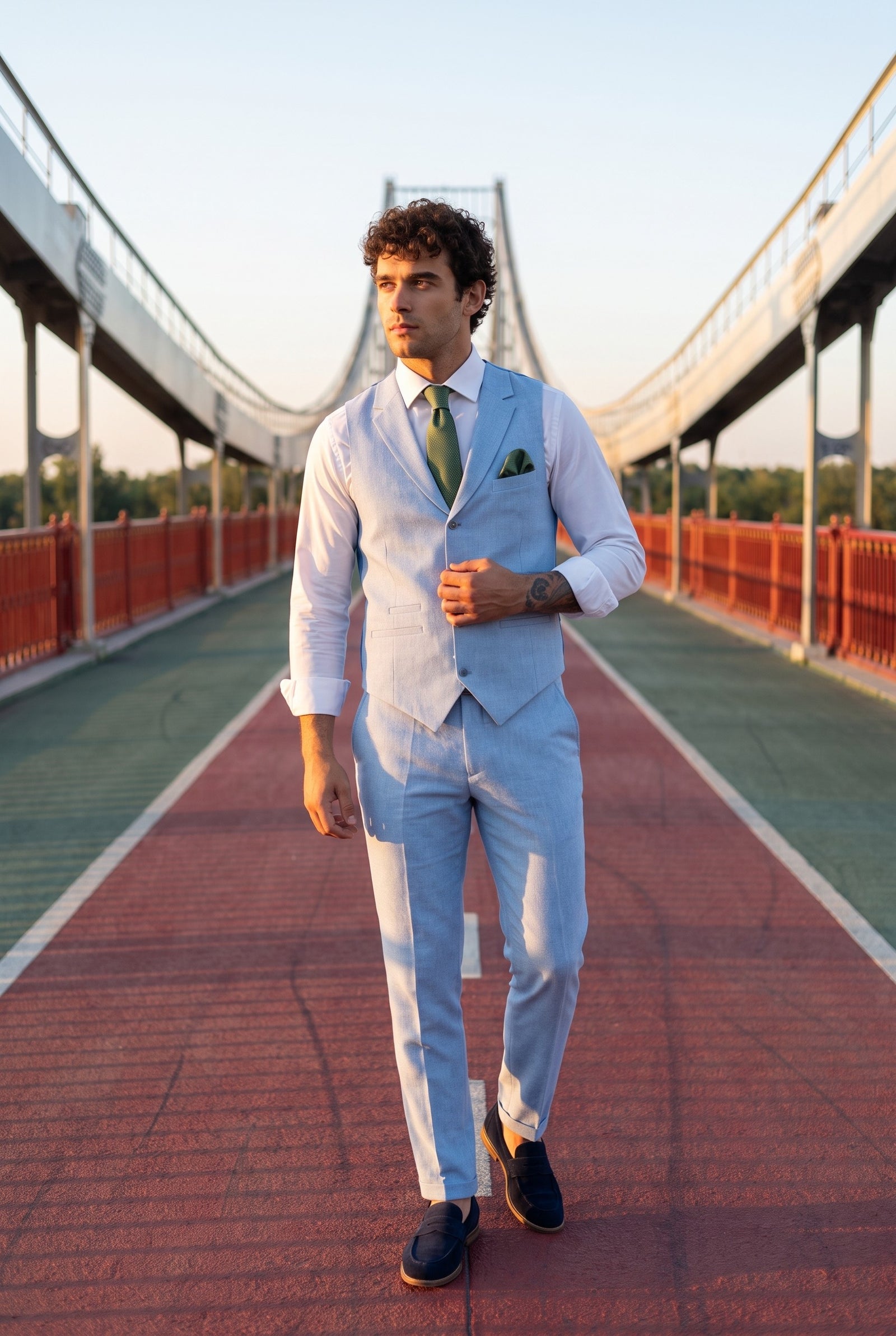Look #886 styled with TP-13 - Moški poletni oblek, telovnik, hlače, lan, svečan, svetlo moder, poročni