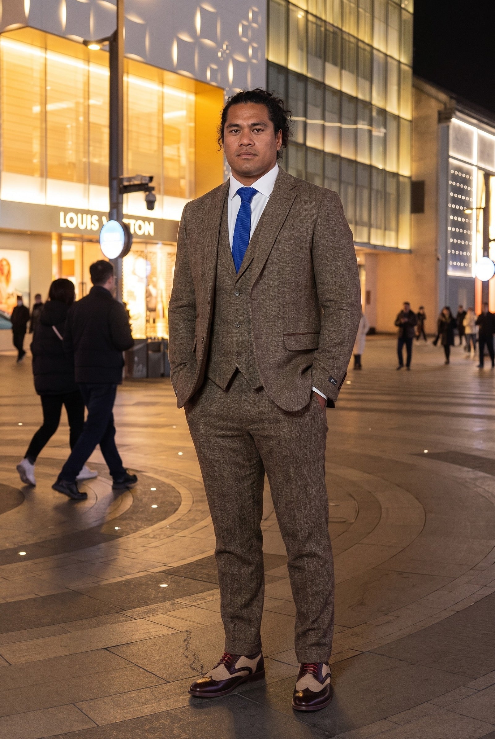Look #966 styled with Tridelna obleka iz tvida z vzorcem ribje kosti in hrastovega rjavega lesa