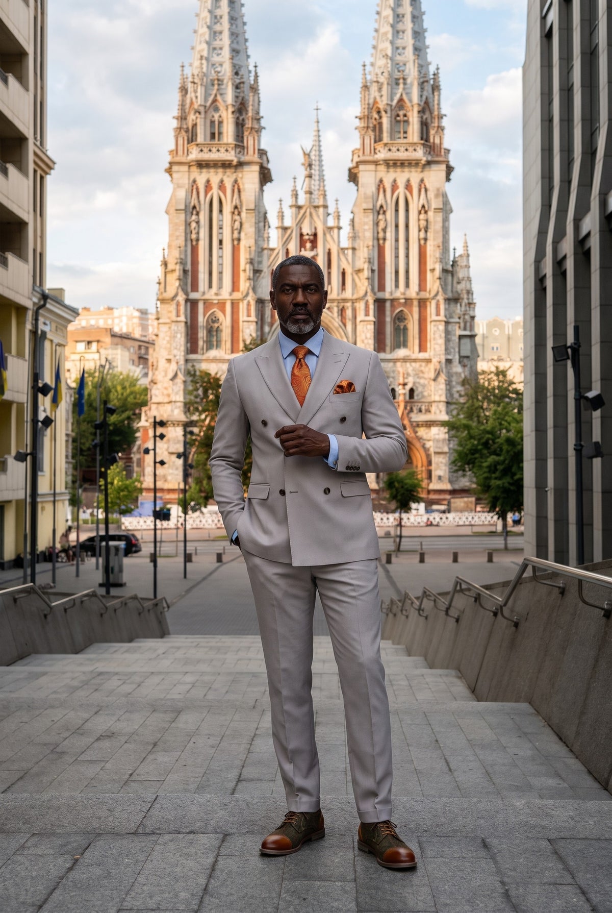Look #655 styled with Mayfair - Moška dvodelna obleka iz kamnitega materiala z dvojnim rebrom