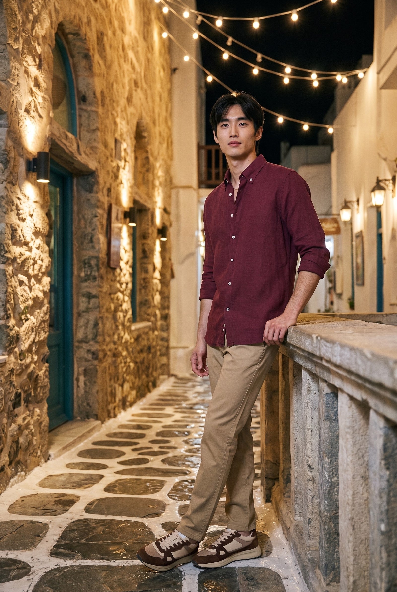 Look #1031 styled with Moške kaki chino hlače iz mešanice lana, tencel bombaž, poletni material