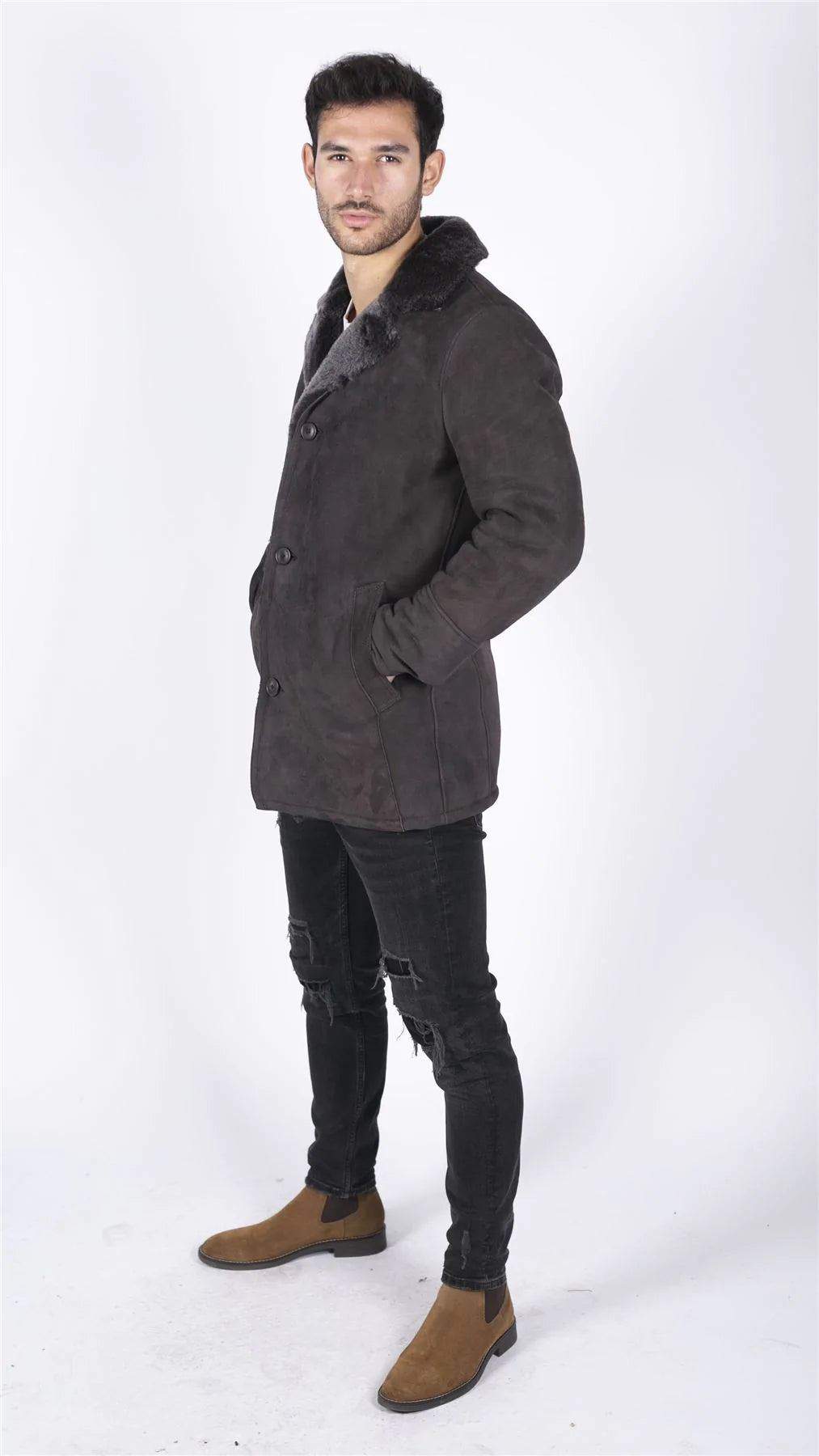 Moški plašč iz prave ovčje kože, rjav, vintage, klasičen 3/4 suknjič z gumbi in V-izrezom