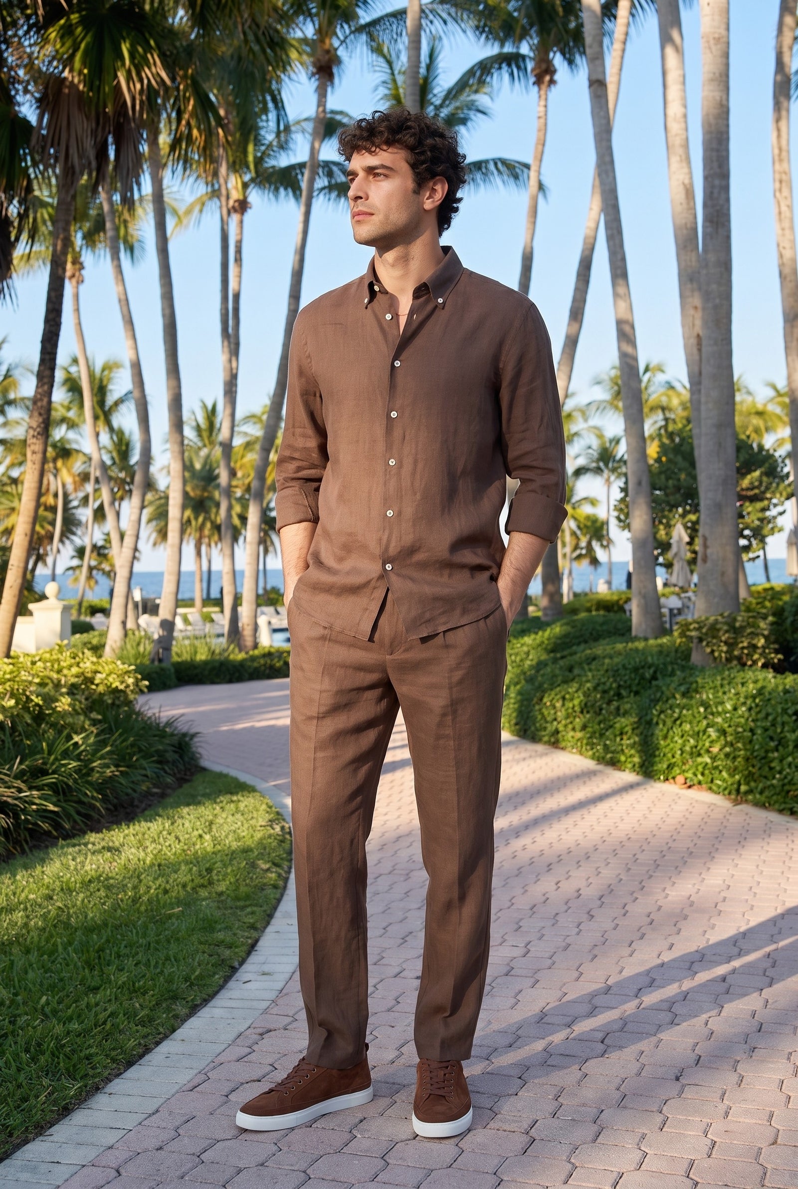Look #872 styled with Moška temno rjava srajca z dolgimi rokavi in gumbi iz čistega lana
