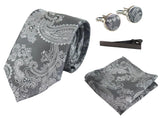 Darilni set za sivo kravato s paisley vzorcem, žepni robček, manšetni gumbi, kravata s cvetličnim vzorcem in satenom