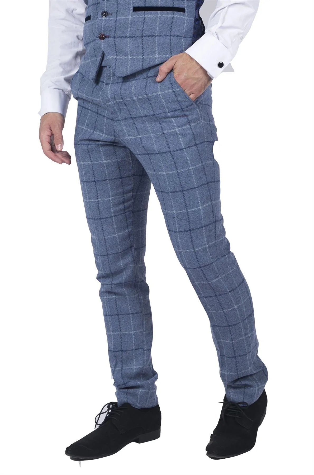Moške svetlo modre mornarsko modre karo hlače Marc Darcy elegantnega ležernega tvida slim fit kroja Clinton