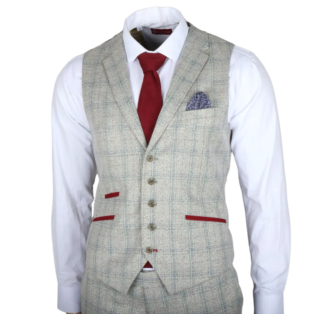 Moška 3-delna siva karirasta obleka slim krojem z rdečimi poudarki Andrew