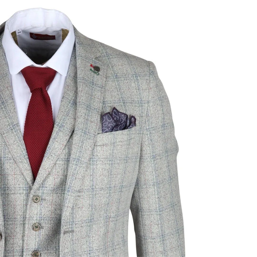 Moška 3-delna siva karirasta obleka slim krojem z rdečimi poudarki Andrew