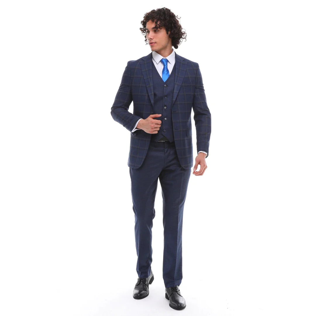 Moška 3-delna obleka, mornarsko modra, karo, kontrastni telovnik, hlače, krojen kroj, poroka
