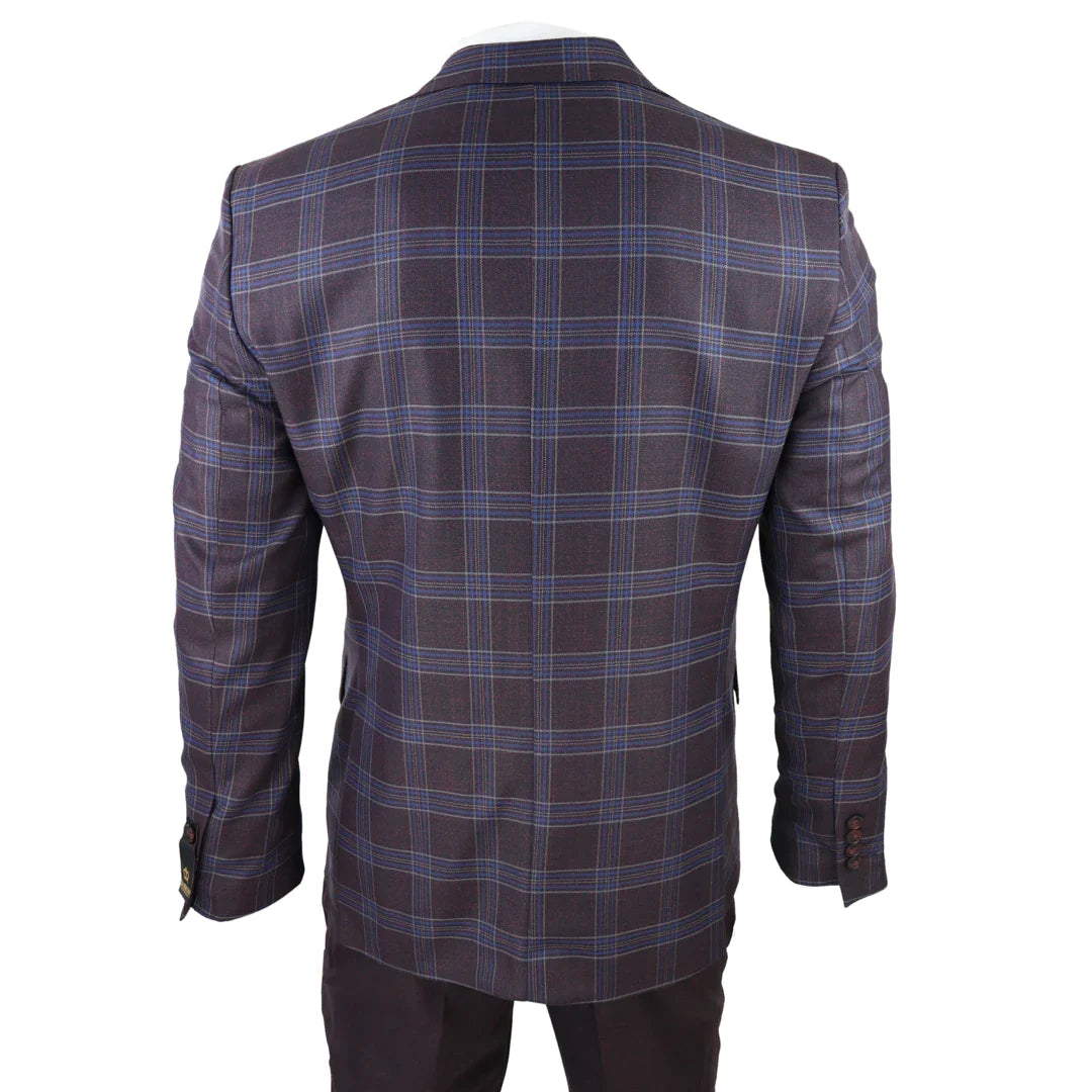 Moška 3-delna obleka, vijolična, modra, karo, kontrastni telovnik, hlače, poroka