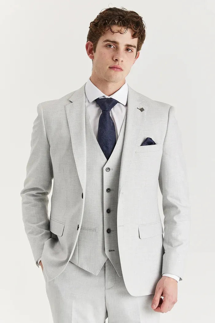 Belmont - Moška srebrna 3-delna klasična obleka z reverjem in šivi